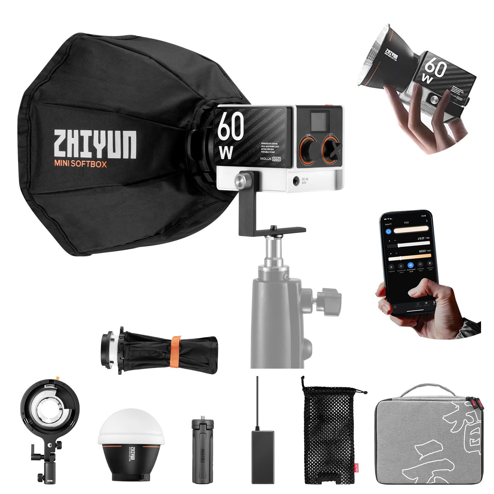 ZHIYUN - Zhiyun MOLUS G60 LEDビデオライトハードケース、三脚付き ZHIYUN - Zhiyun MOLUS G60 LEDビデオライトハードケース、三脚