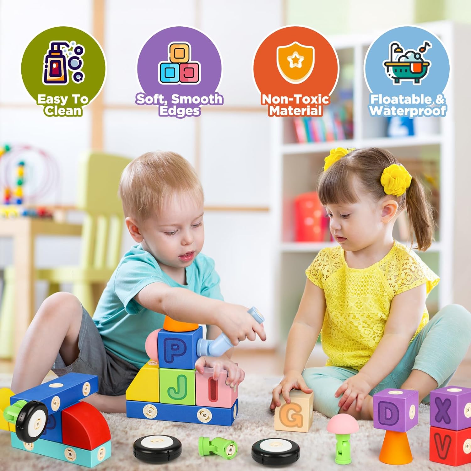 Joyfresh ABC Foam Magnetic Blocks for Toddlers, 52pcs, Building Letters Block for Kids 2 3 4 5 Years Old, Alphabet Blocks Toys Gifts for Boys Girls