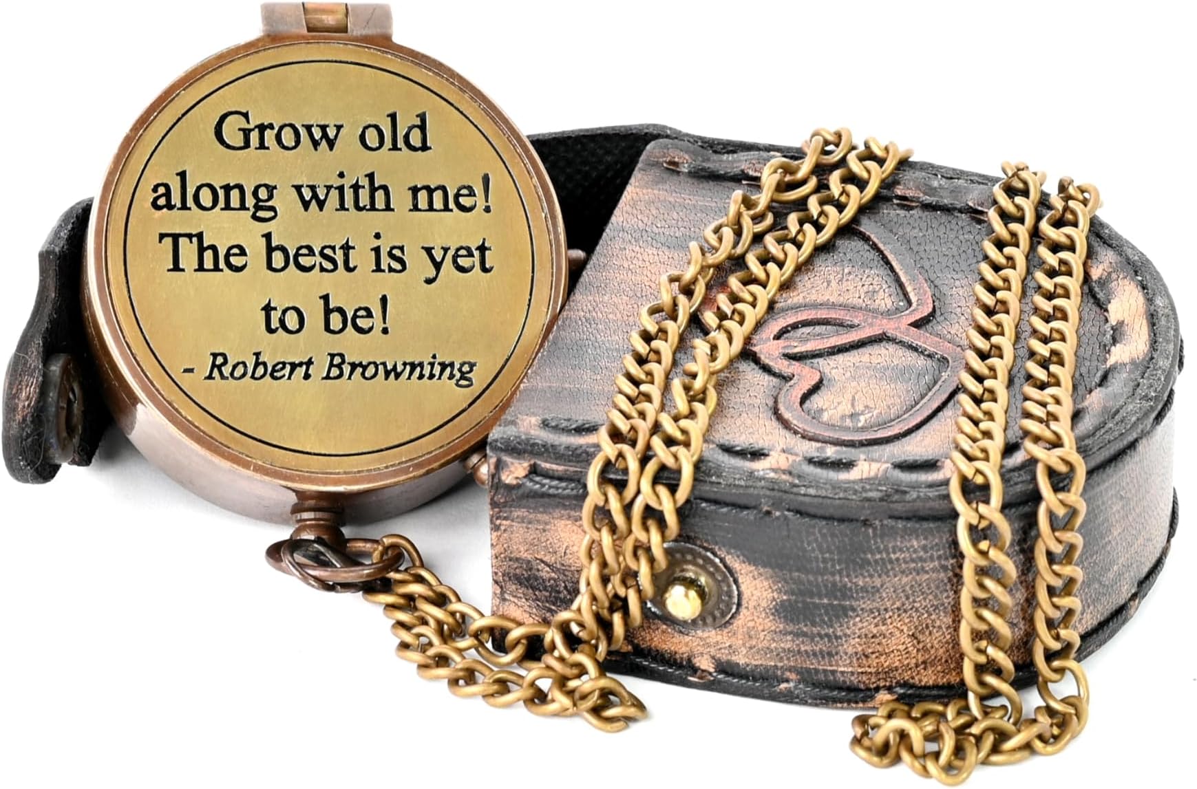 Hanzla Collection - Grow Old with Me Engraved Brass Compass ON Chain with Leather CASE, Directional Magnetic Compass