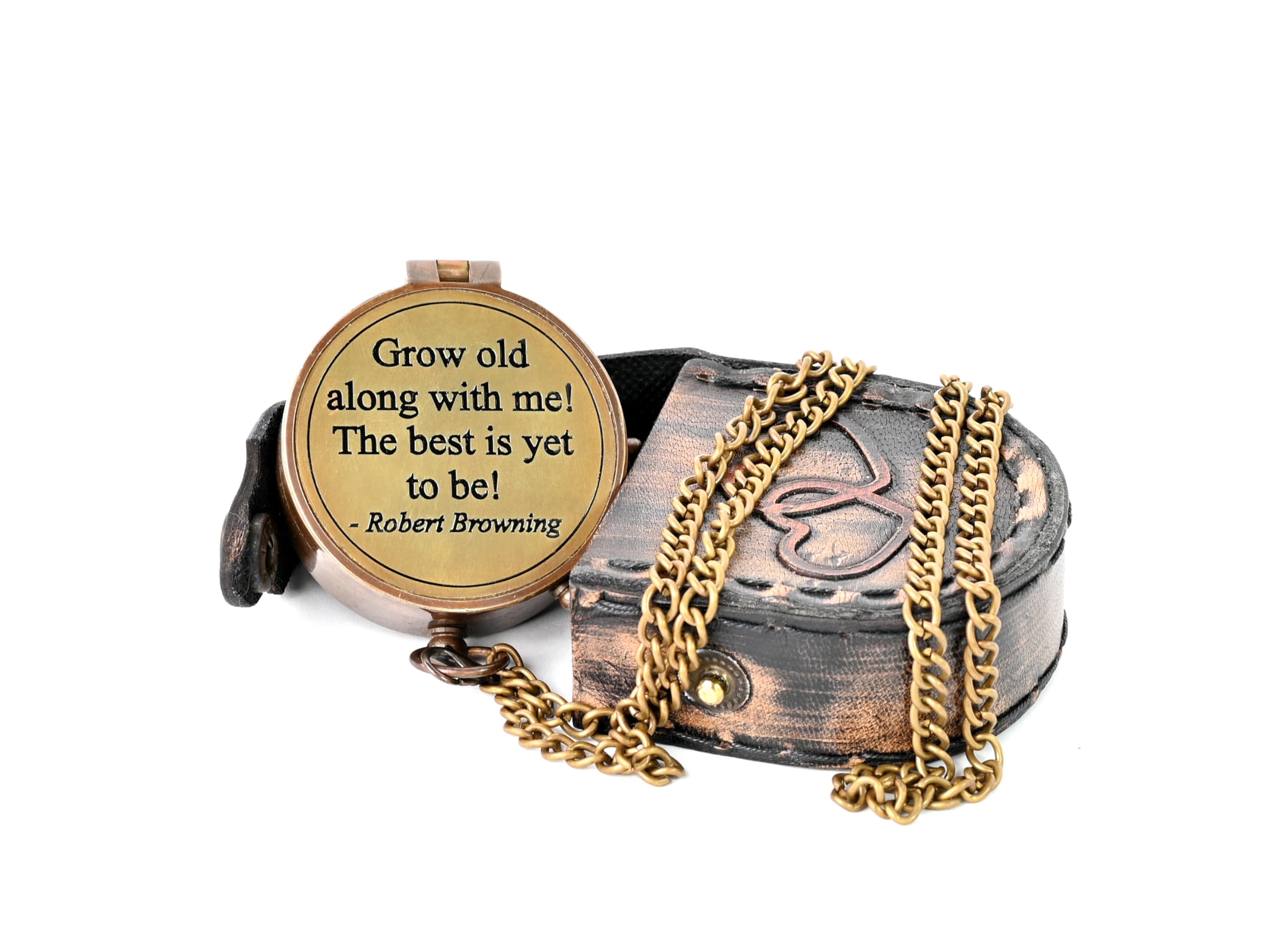 Hanzla Collection - Grow Old with Me Engraved Brass Compass ON Chain with Leather CASE, Directional Magnetic Compass