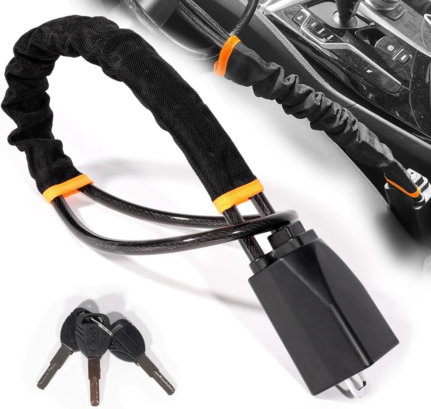 Steering Wheel Lock, Steering Lock, ibforcty Car Steering Wheel Locks with 3Keys, Steering Wheel to Seat Belt Lock, High Visibility Car Lock Anti-Theft Device