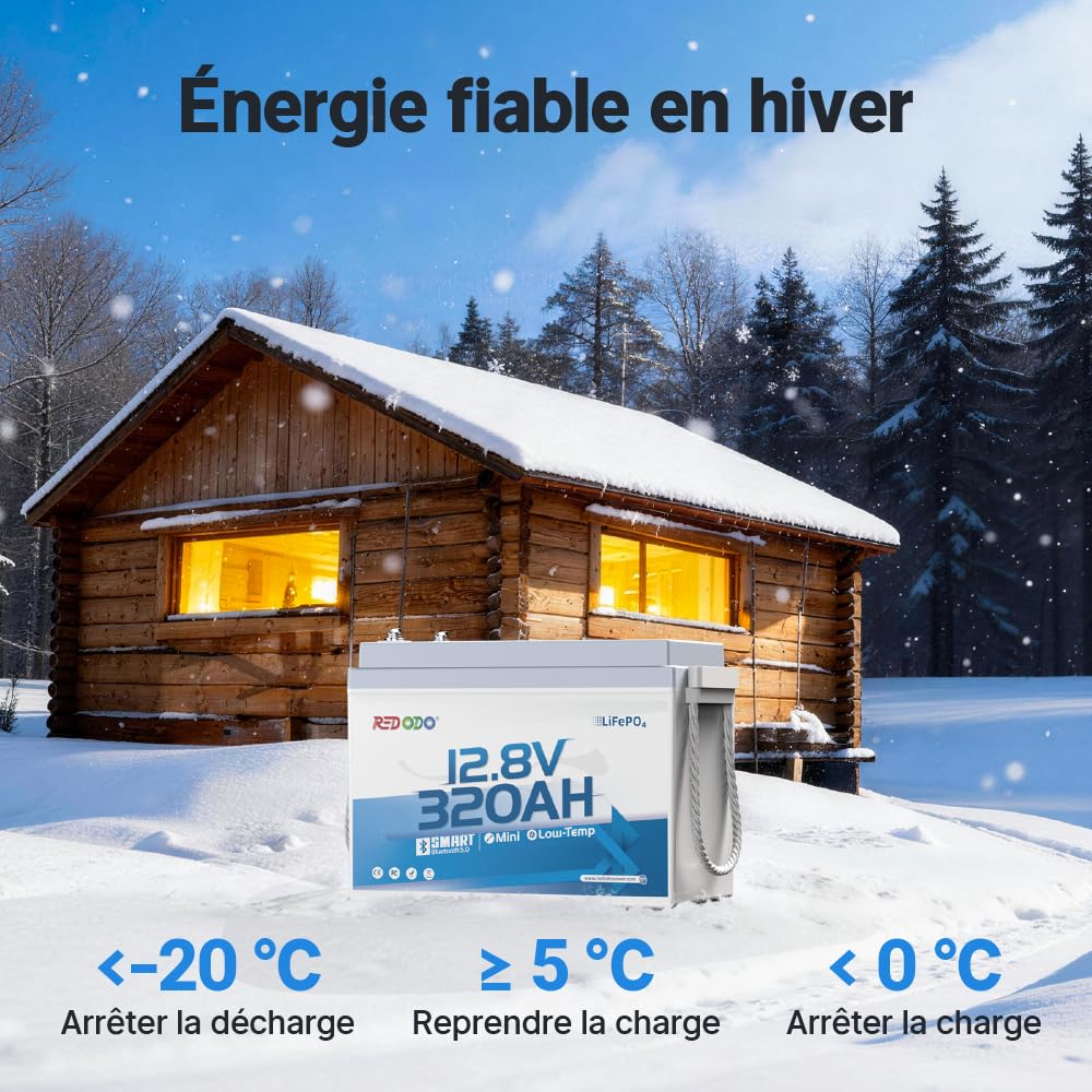 Redodo 12V 320Ah W190(1 Pack) Batterie LiFePO4 avec Bluetooth 4096Wh Batterie Lithium Surveillance Via APP BMS 200A Protection Low-Temp pour Camping Car/Bateau/Secours Maison