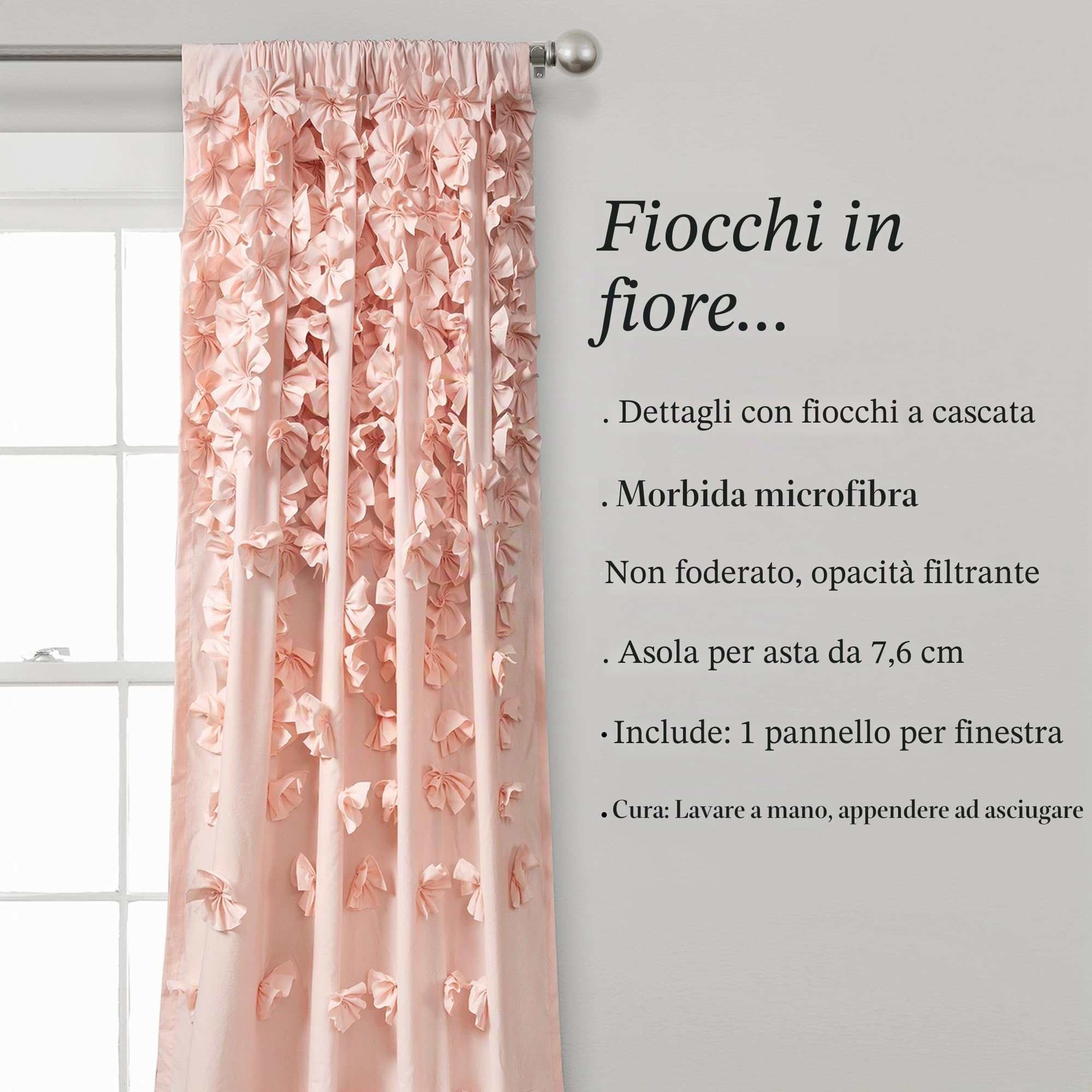 Lush Decor Riley Tenda velata increspata con fiocco per finestra, per soggiorno, sala da pranzo, camera da letto (singola), 213,4 cm L, rosa cipria