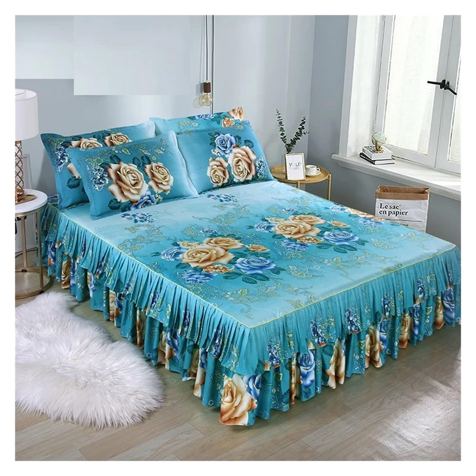 Falda de cama impresa y fundas de almohada para dormitorio queen 1