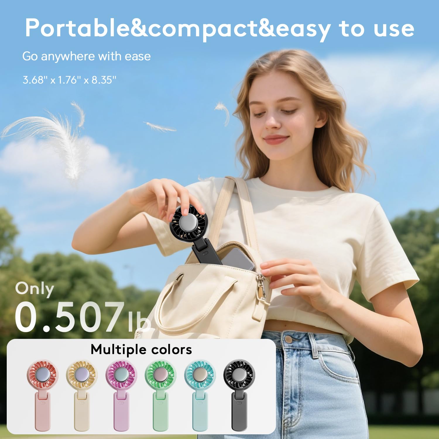 ZOZOO Ventilatore portatile, ricaricabile tramite USB, pieghevole a 194°, 5 velocità, display a LED e motore ad alta potenza, ventilatore da tavolo 3 in 1, silenzioso, resistente, per viaggi
