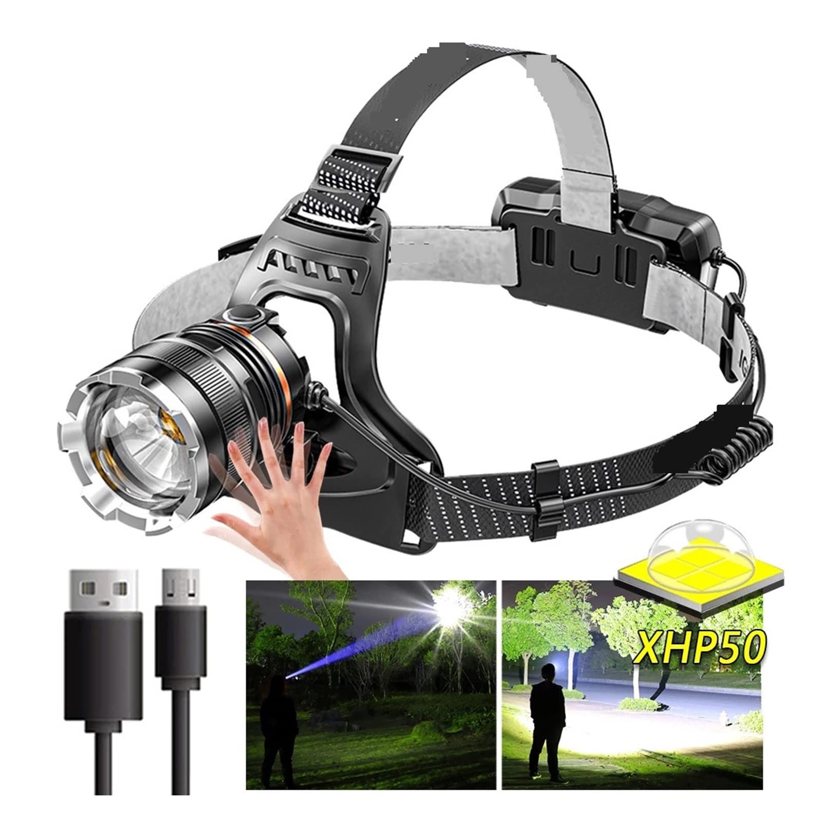 MyrRhe Lampada Frontale P50 Ricaricabile Tramite USB a induzione di Luce Forte - Ideale per la Pesca Notturna all'aperto