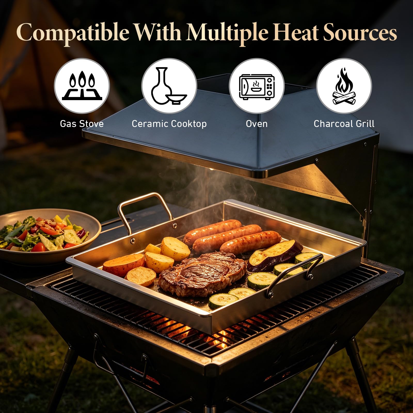 Piastra per barbecue in acciaio inox, 40 x 30 x 4 cm, con 2 manici in legno resistenti al calore, spatola con beccuccio per grasso integrato, piastra da 4 mm di spessore, per barbecue