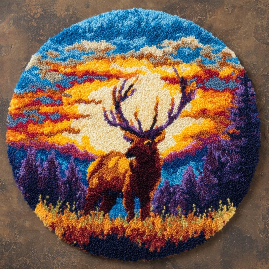 kitphoenix Round DIY Latch Hook Rug Kits Elk 20X20Inch (50X50Cm) Easy for Beginners Round Carpet Crochet Yarn Craft Large Rug Hook and Latch Tapestry for Home Decor