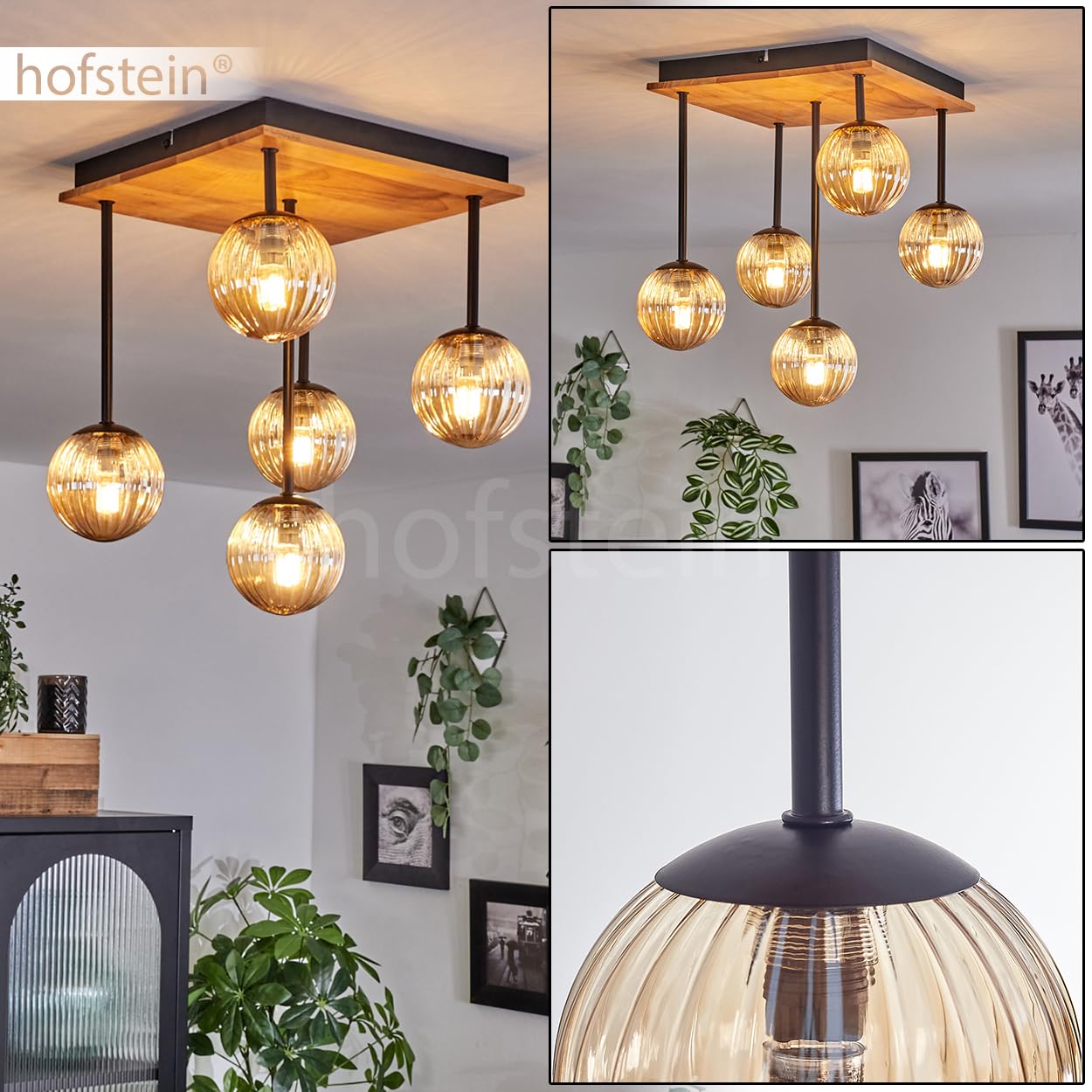 Plafoniera Chehalis, lampada da soffitto in metallo/legno/vetro scanalato in nero/naturale/ambra, lampada dal design moderno retrò/vintage con ombrelli in vetro (Ø 12 cm), 5 x G9, senza lampadina