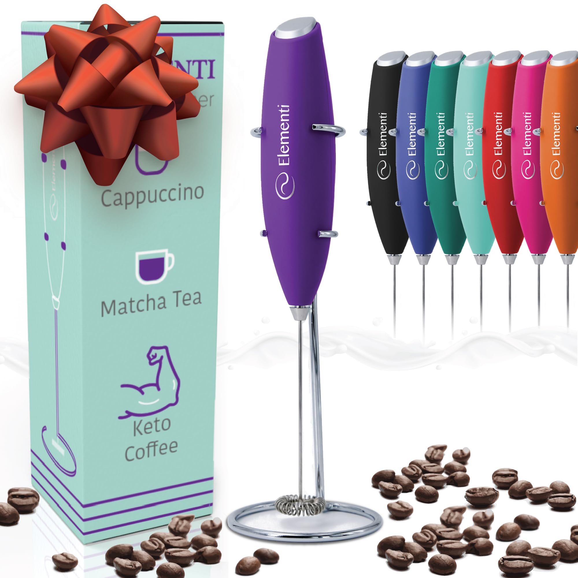 Elementi Milk Frother Wand &amp; Drink Mixer - High Powered Hand Blender, Handheld Coffee Mixer Wand with Stand - Milk Foamer to Make Perfect Cappuccino Lattes &amp; Hot Chocolate at Home (Purple)