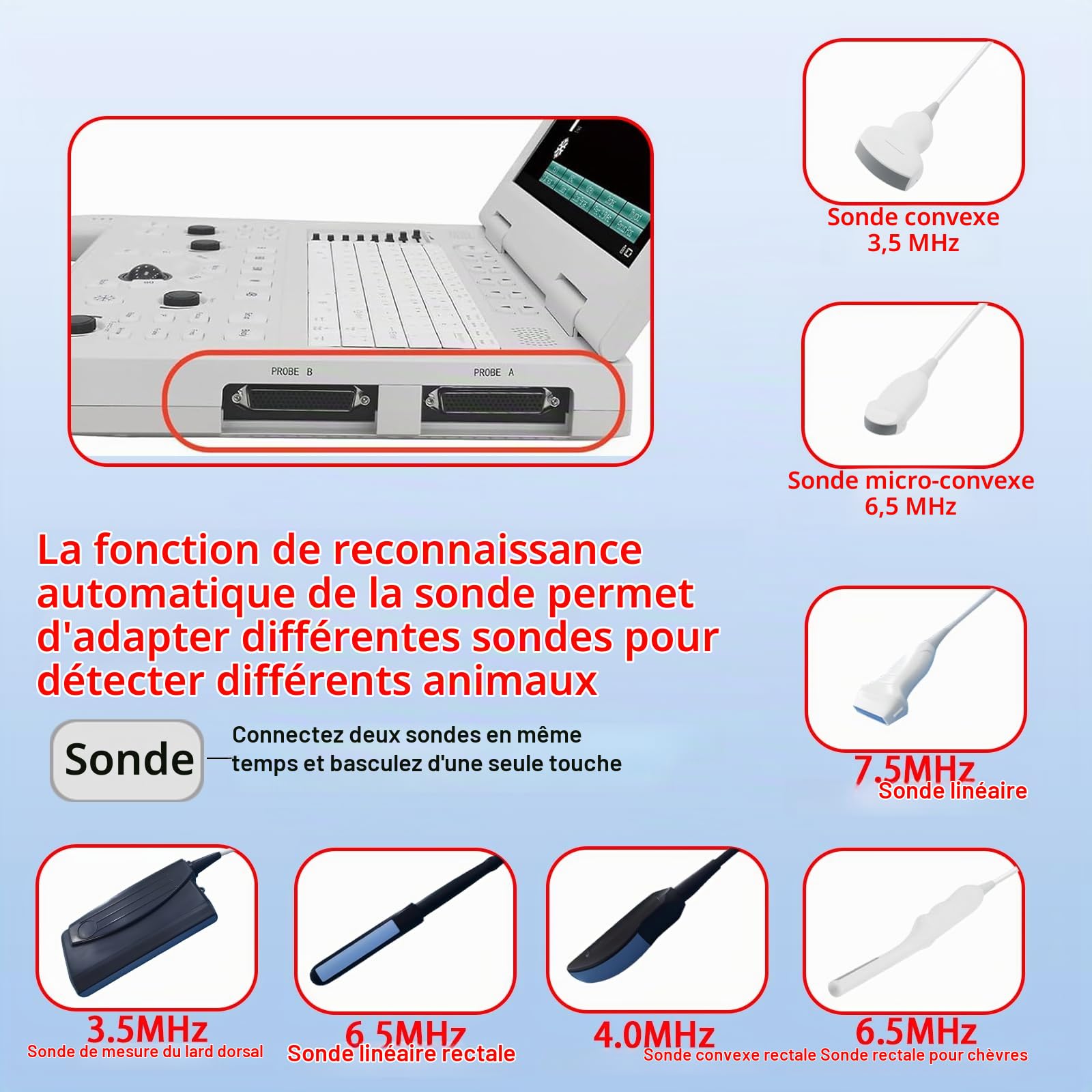 L'échographe vétérinaire portable N20 est équipé d'une sonde et convient à la détection des maladies et des grossesses chez divers animaux. (Sonde à réseau convexe de 3,5 MHz)