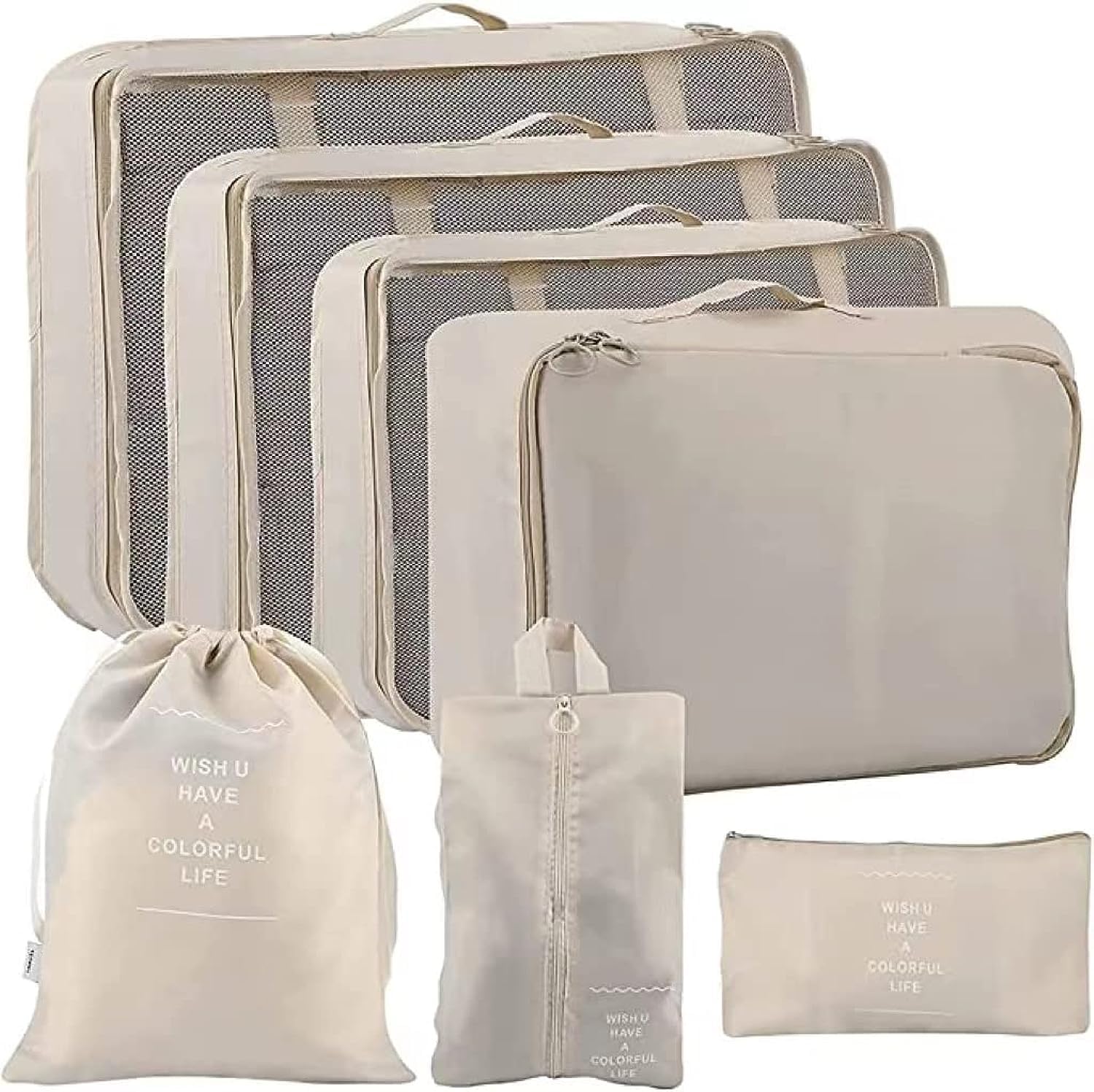 通用é€šç”¨ Nature Dream 7Pcs SET Travel Luggage Clothes Organizer Packing Cubes Set Storage Bag Waterproof Laundry Bag Traveling Accessories (Beige)