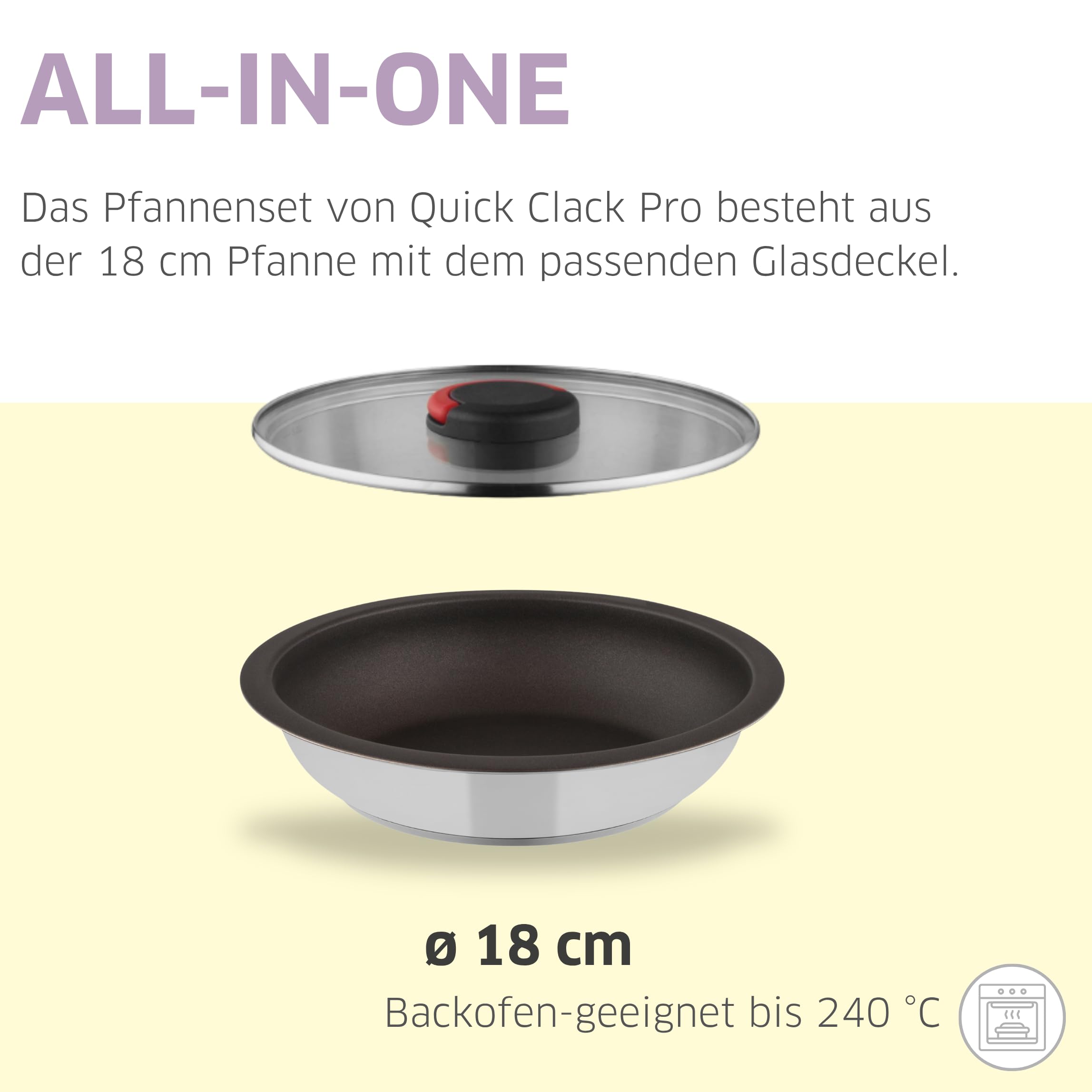 Pfannenset 3-tlg, abnehmbarer Griff, Induktion | Glasdeckel, Edelstahl 18/10, spülmaschinenfest, ideal für Camping, Backofen und platzsparend stapelbar