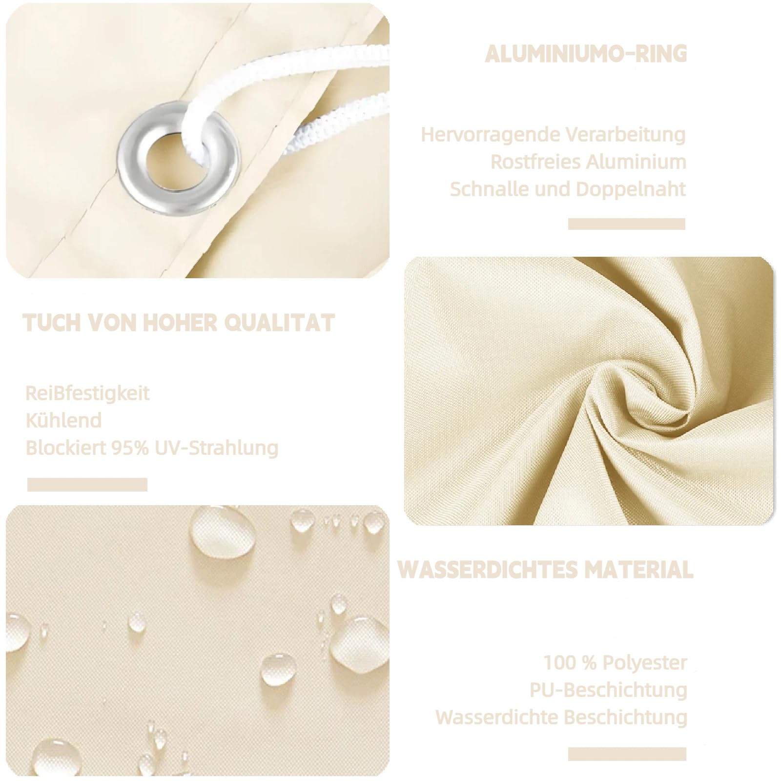 Sonnensegel Wasserdicht mit ösen 1x5m Rechteckig Windschutz und 98% UV-Schutz Reißfest Polyester Markisenstoff Sonnenschutz Balkon Mit Seil für Garten Terrasse Und Hellgrau Beige