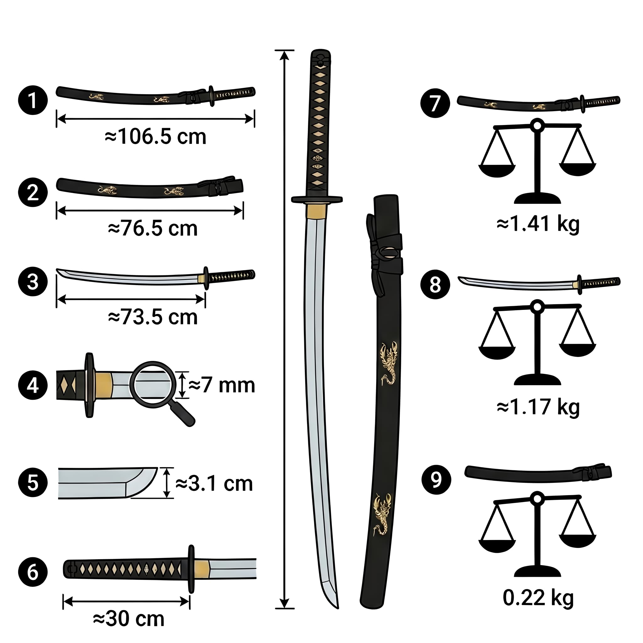 Katana Scorpio Schwert scharf echt zum Training Metall Dazu der Ständer Stahl 1060 Samurai 100% Handarbeit nur für Erwachsene - 18 Jahre erforderlich 7KM4-410