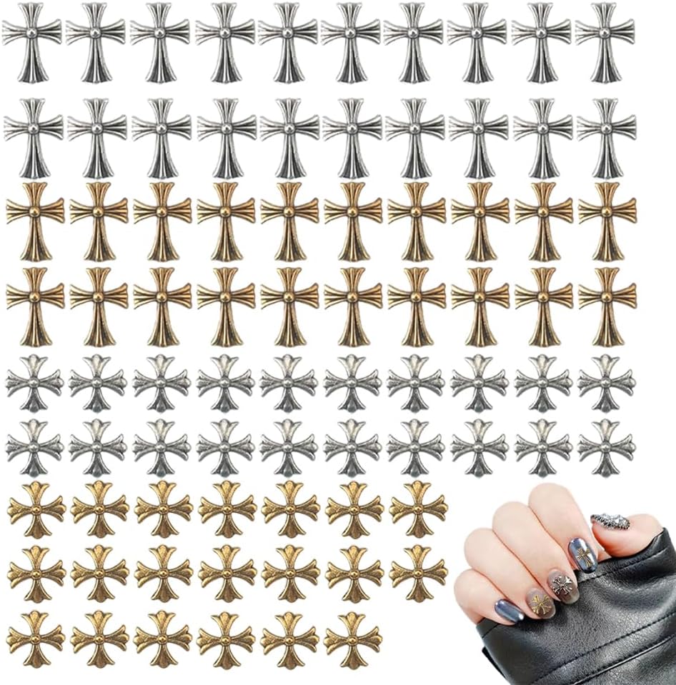 80 PCS Cross Shape Vintage Nail Art Charms Metal Punk Nail Art Decorations 3D Nail Art Accessories DIY Nail Art Gems for Nail Art Design Crafting Party Daily Wedding