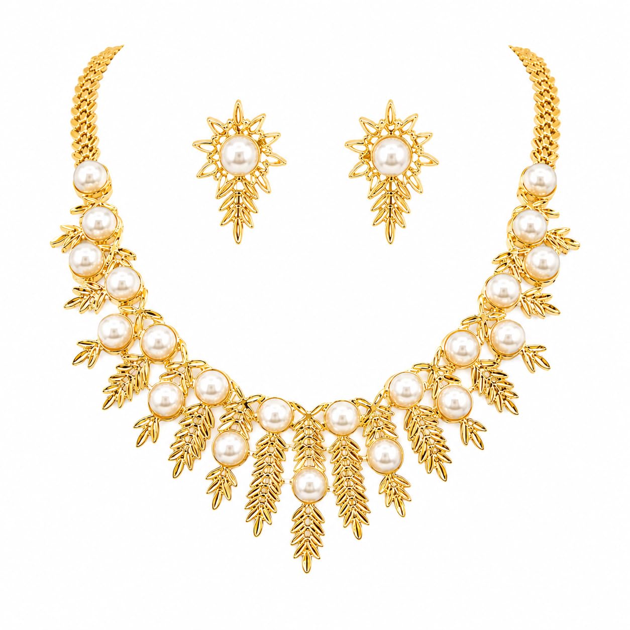 Aspire Brand Store Gold-Toned Pearl Leaf Design Necklace Set with Matching Stud Earrings for Women & Girls-image-12