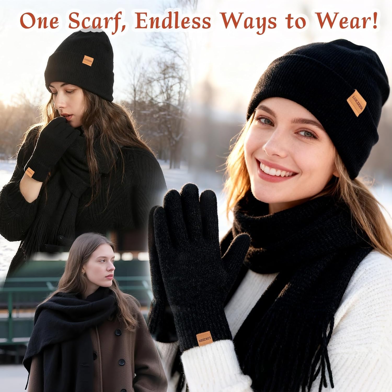 Winter Hat Gloves Scarf Set Women, Knit Beanie Fleece Lining, Touchscreen Gloves & Warm Knitted Scarf 3Pcs Gift - Image 5