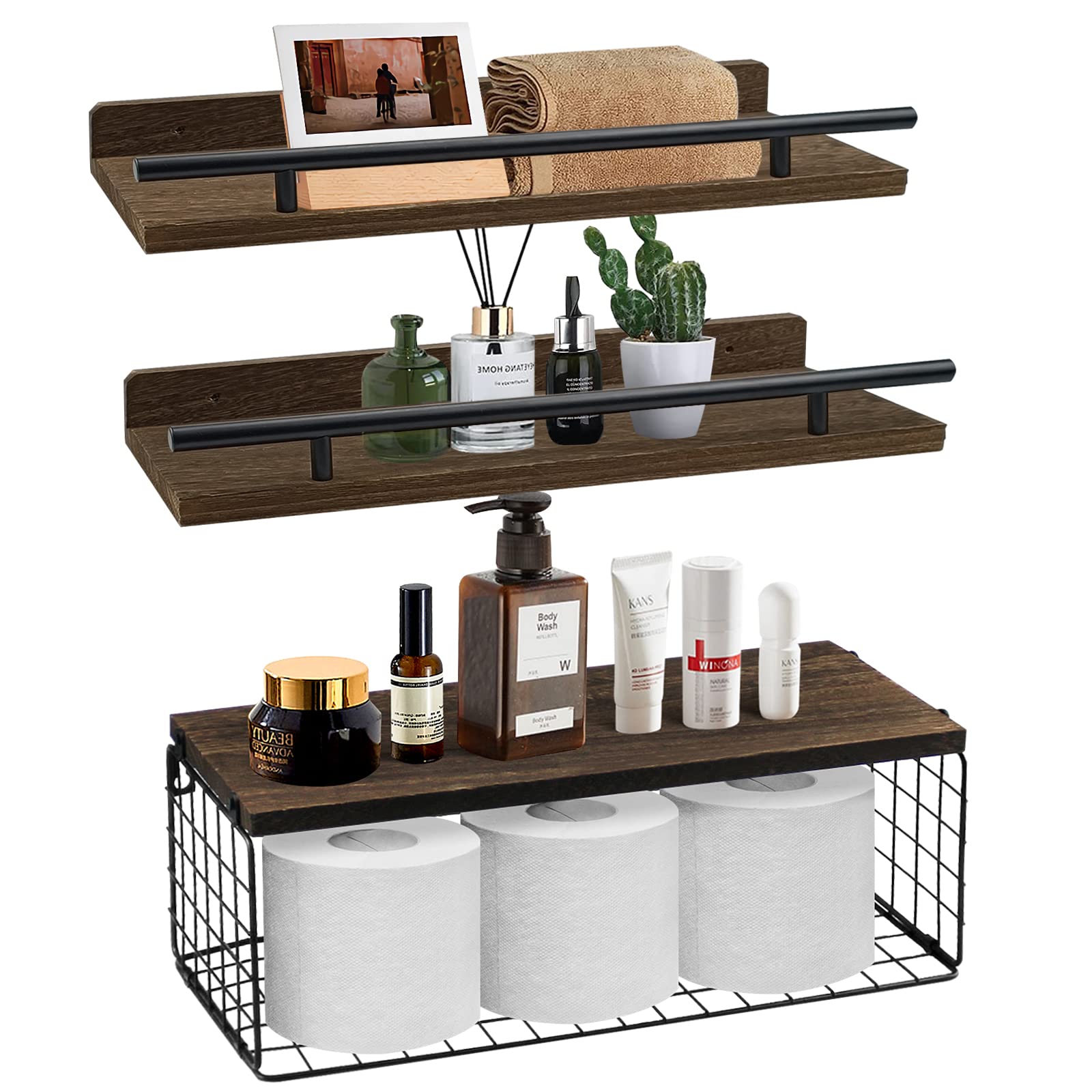 QPEY Functional Floating Shelves Wall Shelf for Bathroom Organization and Decoration - Wood Metal Frame Wall Shelves Over Toilet with Wire Storage Basket for Bottles and Collectibles