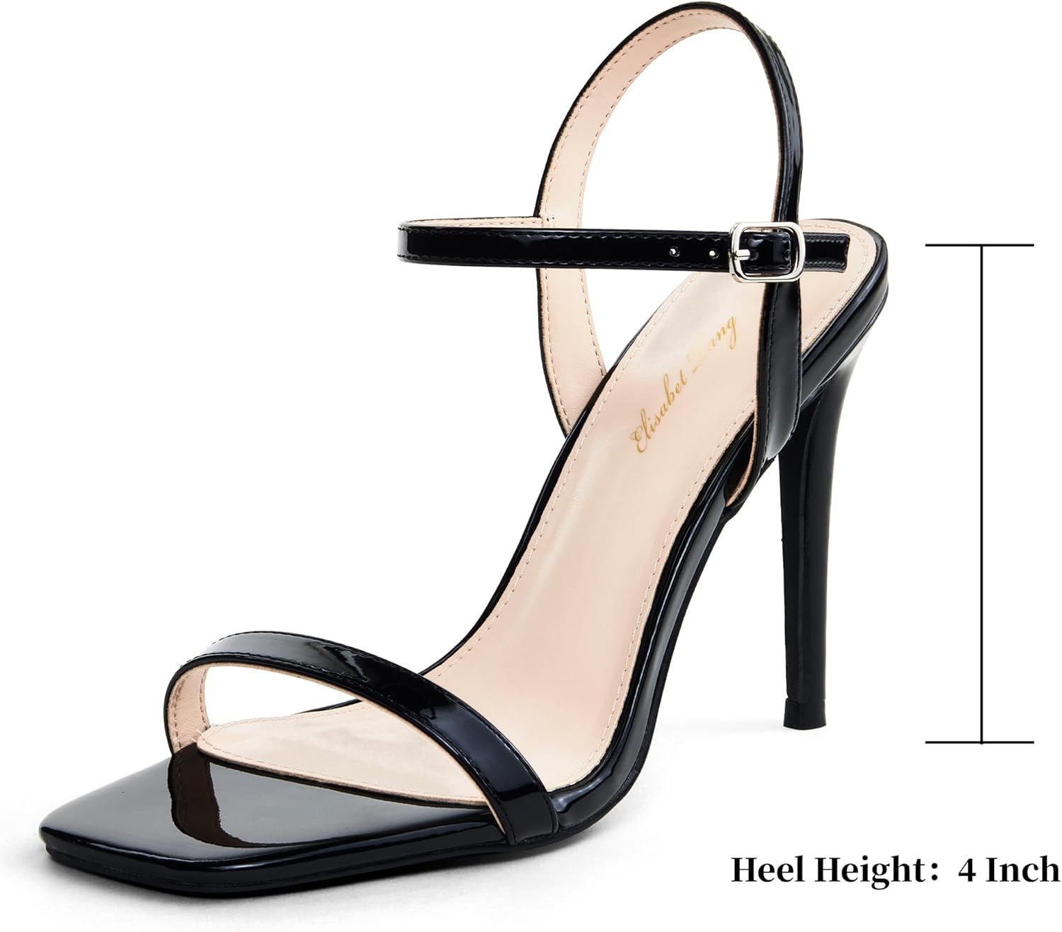 Elisabet Tang Women's High Heeled Sandals 4 Inch Strappy Sling Back Stiletto Open Square Toe Heels with Ankle Straps at Wedding Party Prom Work Dating - Image 3