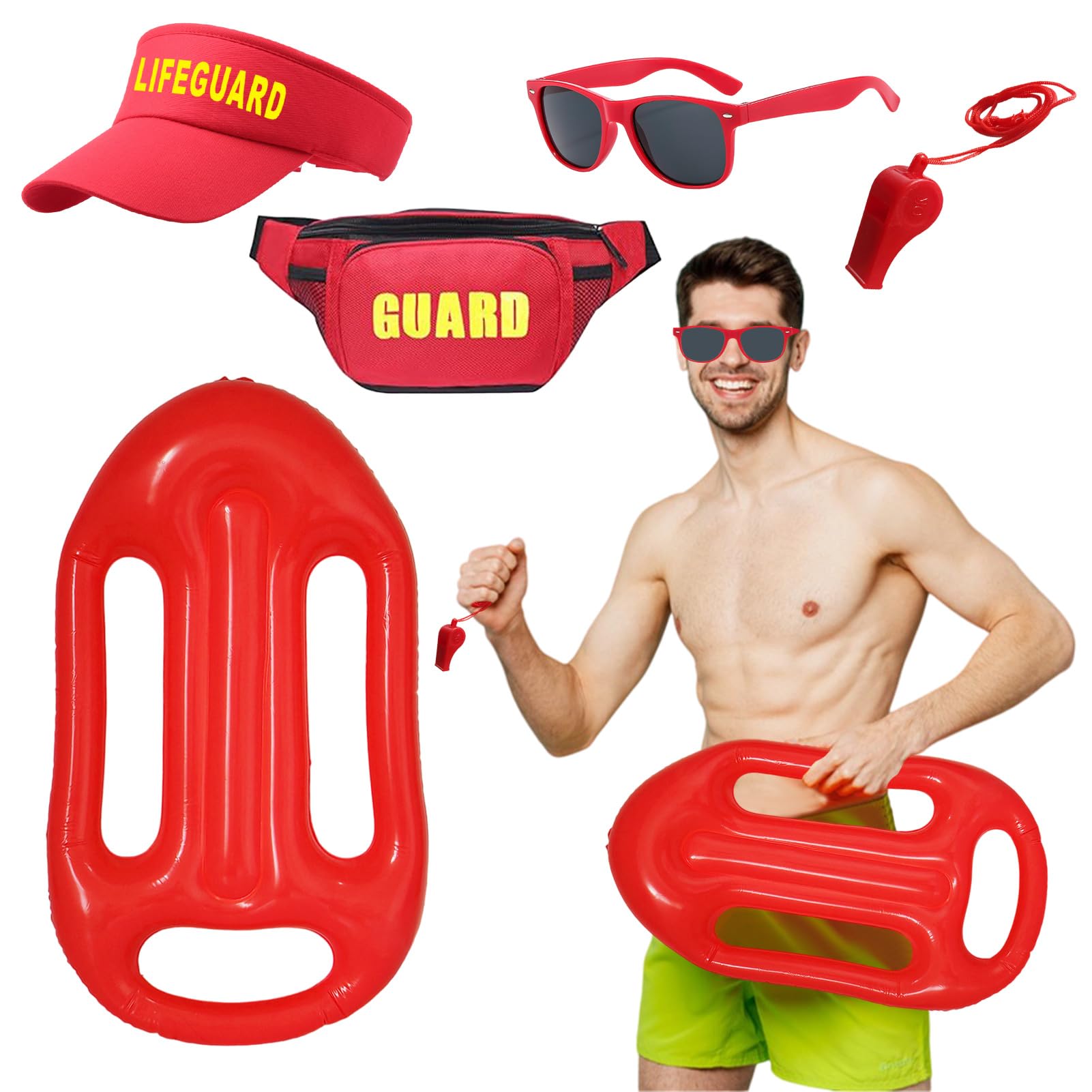 Amycute 5Pcs Lifeguard Costume Accessories Kit with Adjustable Sun Hat, Fanny Pack, Sunglasses