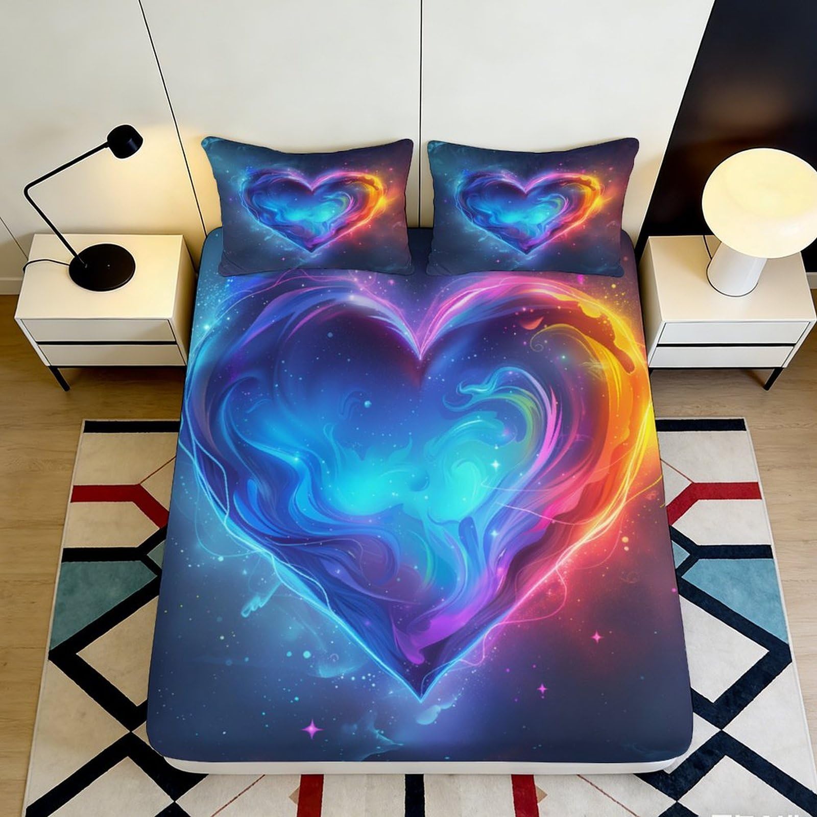 3D Printed Galaxy Heart Fitted Sheet Microfiber Vibrant Cosmic Nebula Mattress Cover for Bedroom Dorm Decor Easy Care 160x200x25cm