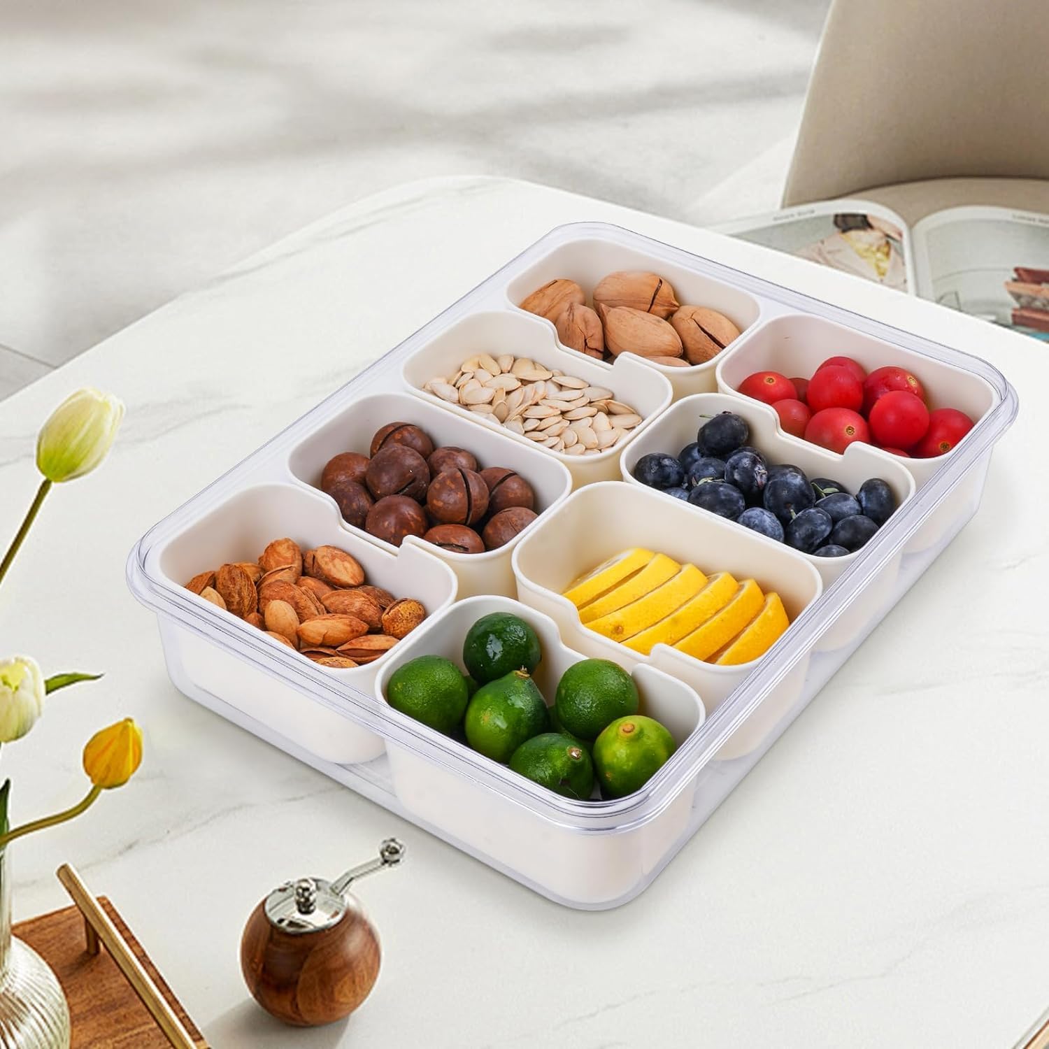 Vassoio per snack, vassoio da portata diviso, contenitore per frutta a 4 scomparti, contenitore per salumi con coperchio, vassoio da portata per frutta, contenitori portatili per snack, per caramelle