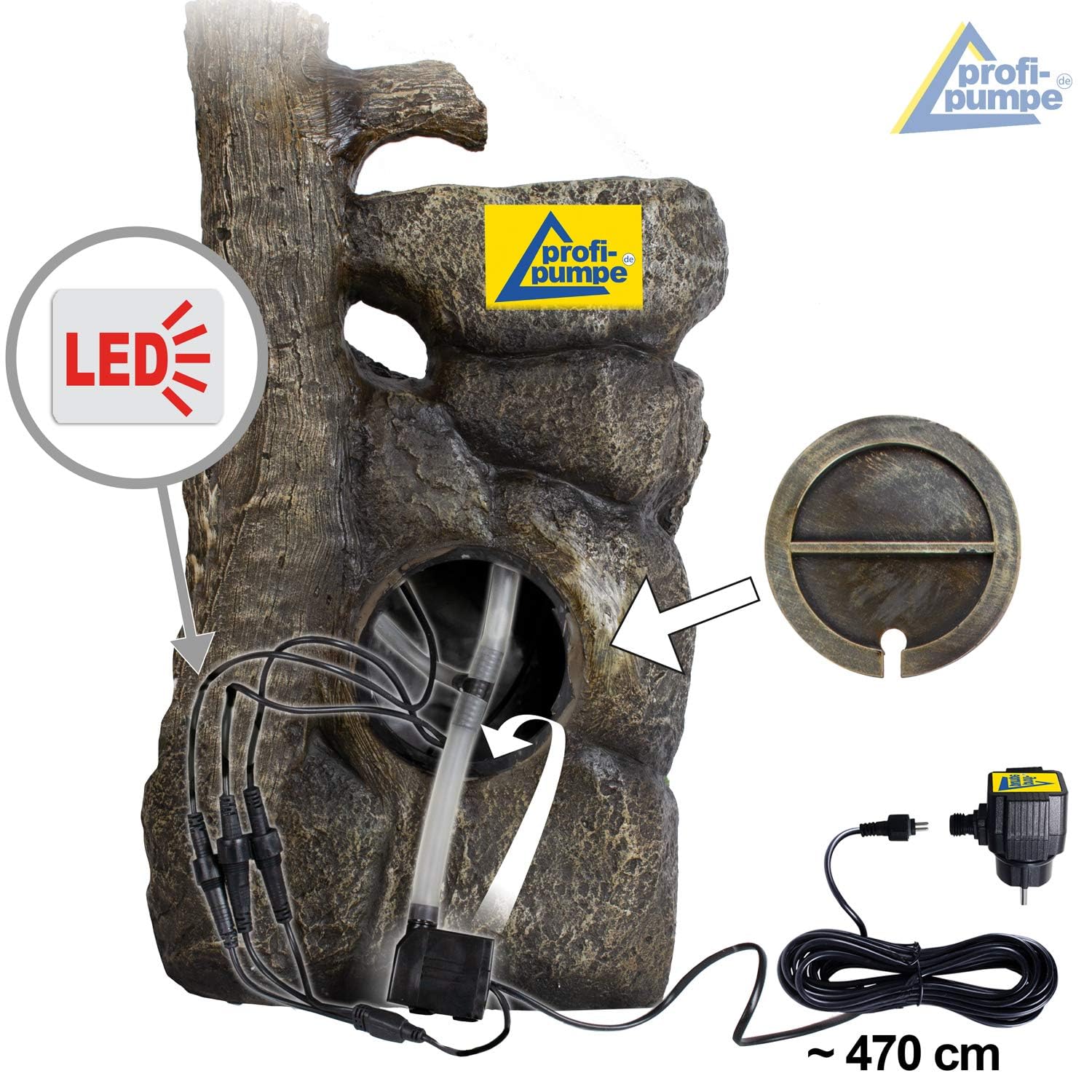 Fontana da giardino, fontana ornamentale, fontana da interno, fontana 230V cascata gioco d'acqua per giardino, laghetto da giardino, terrazza molto decorativo (BAUMWURZEL§STEIN-KASKADE con luce LED)