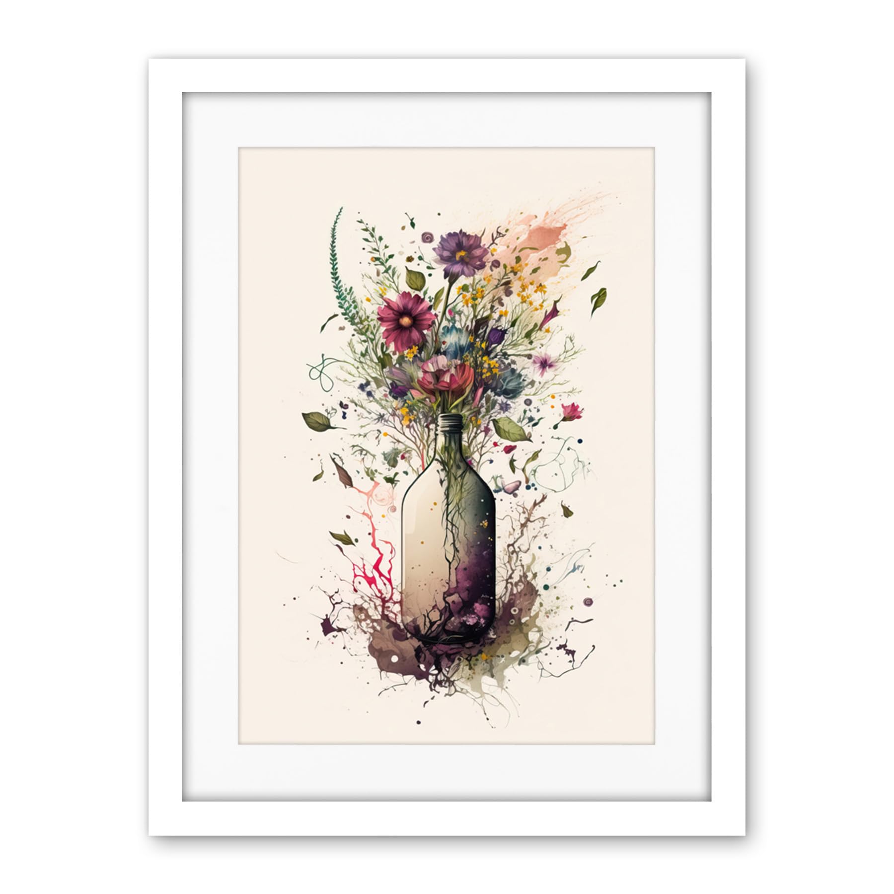 Artery8 Spring Wildflower Floral Bouquet in a Wine Bottle Artwork Framed Wall Art Print 18X24 Inch