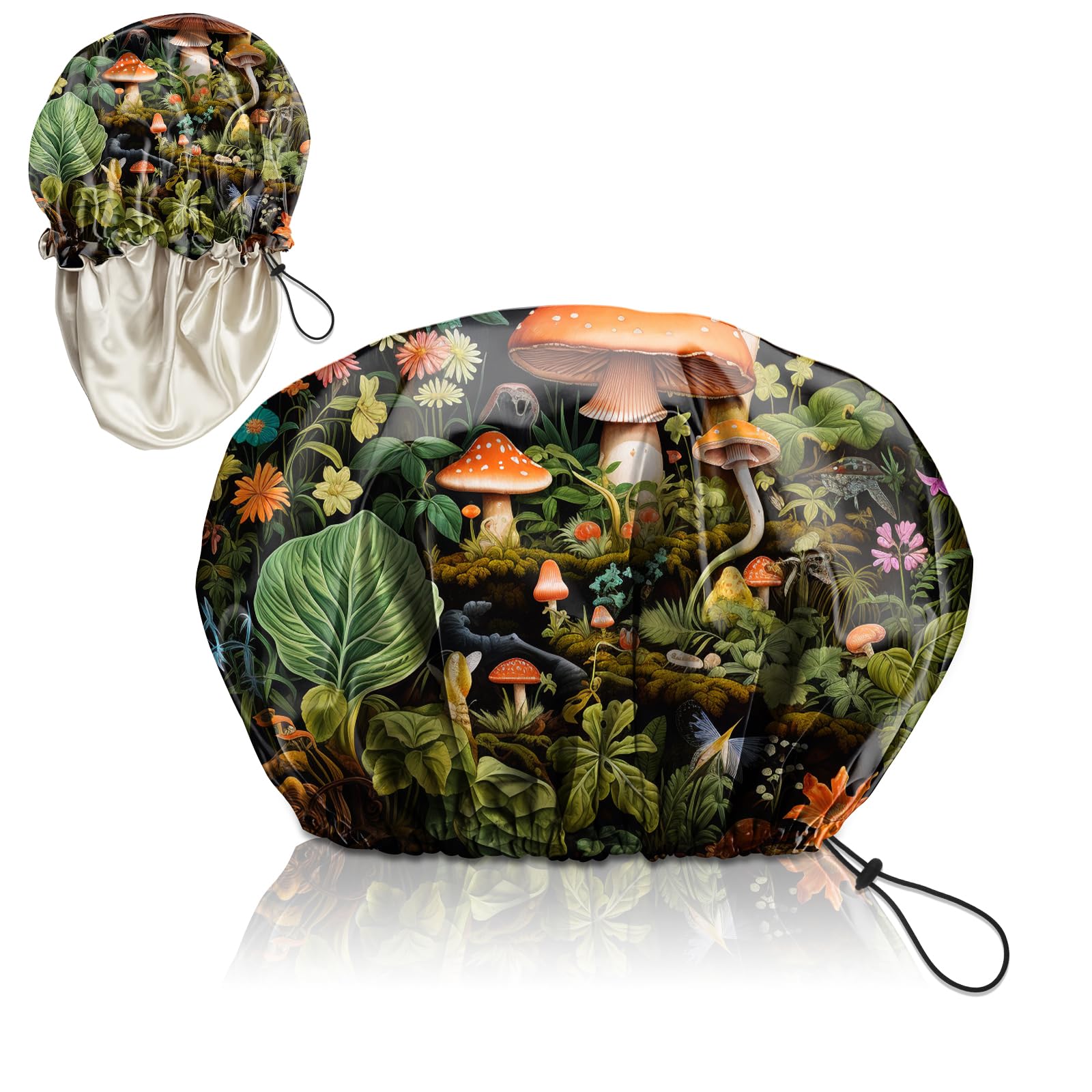 Zewurtuw Luxury Shower Cap Adjustable Reusable Double Waterproof Layer Elastic Satin Lined Hair Bath Cap Cute Aesthetic Women Girls-Mushroom