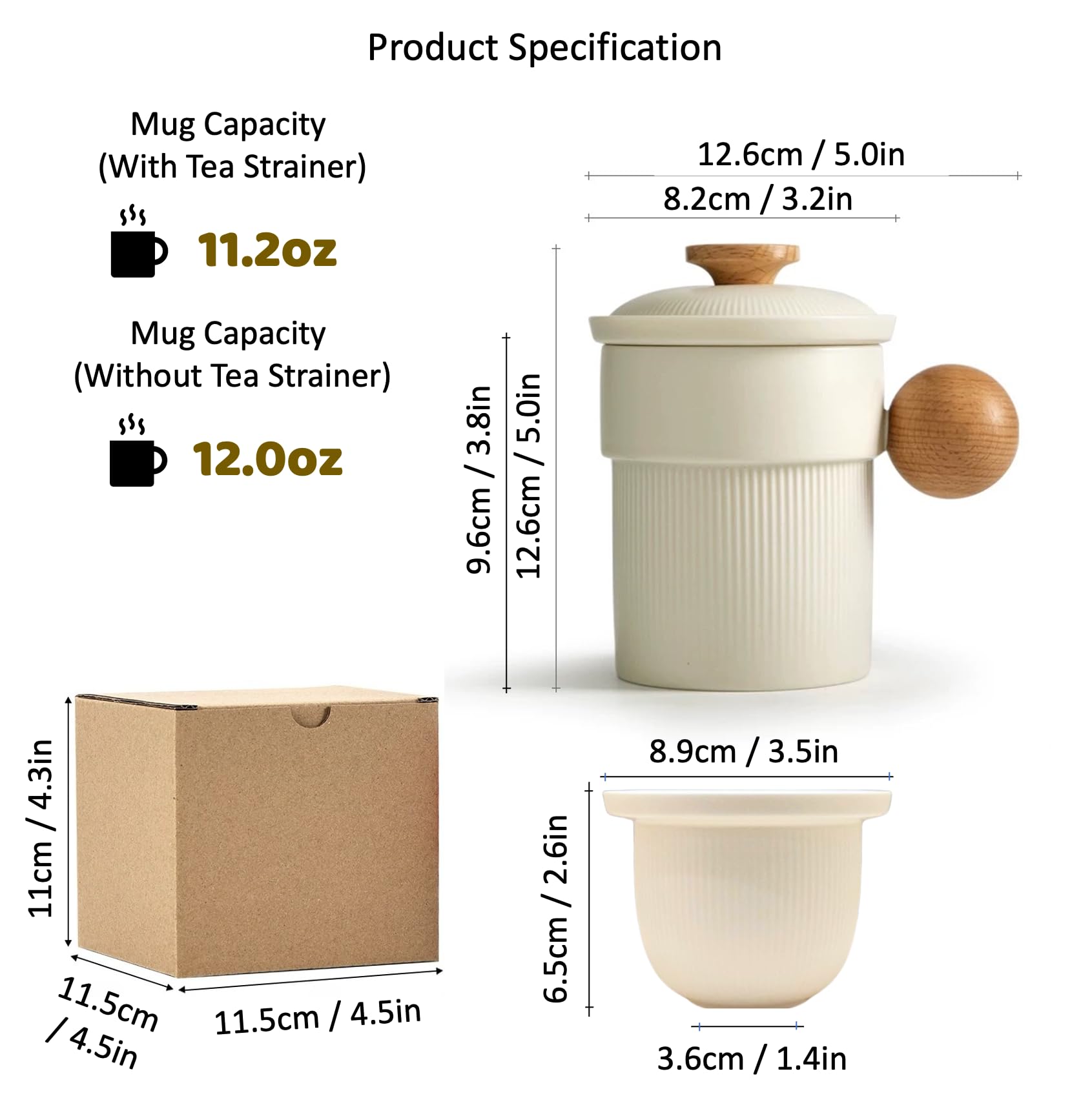 Hermit Life Tasse à thé avec infuseur et couvercle pour stepper en vrac, tasse à thé en porcelaine blanc crème avec passoires, poignée globulaire en bois naturel, tasse diffuseur de thé, cadeau de thé