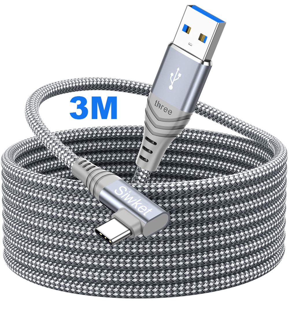 Siwket USB C Link Cable 3M, USB 3.0 to USB C Cable Braided 90 Degree QC 3.0 Fast Charging & 5Gbps Data Sync for Oculus Quest /2, Virtual Reality Headset, Gaming PC,Samsung Galaxy S20 Note 20
