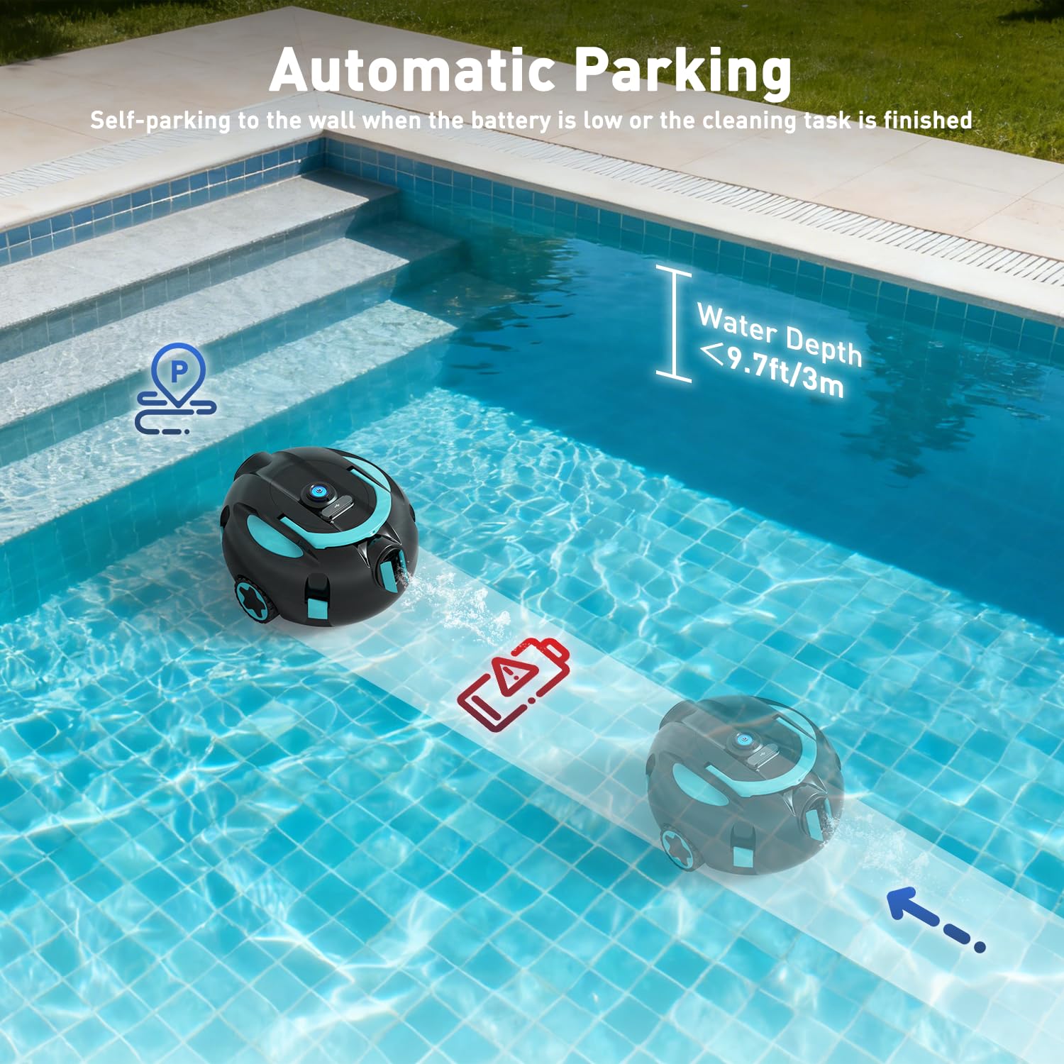 KKI Poolroboter,Automatischer Kabelloser Poolreiniger, 130 Min. Laufzeit, Leichtgewicht Poolroboter, bis zu 65 ft/1100 qm (Rad)