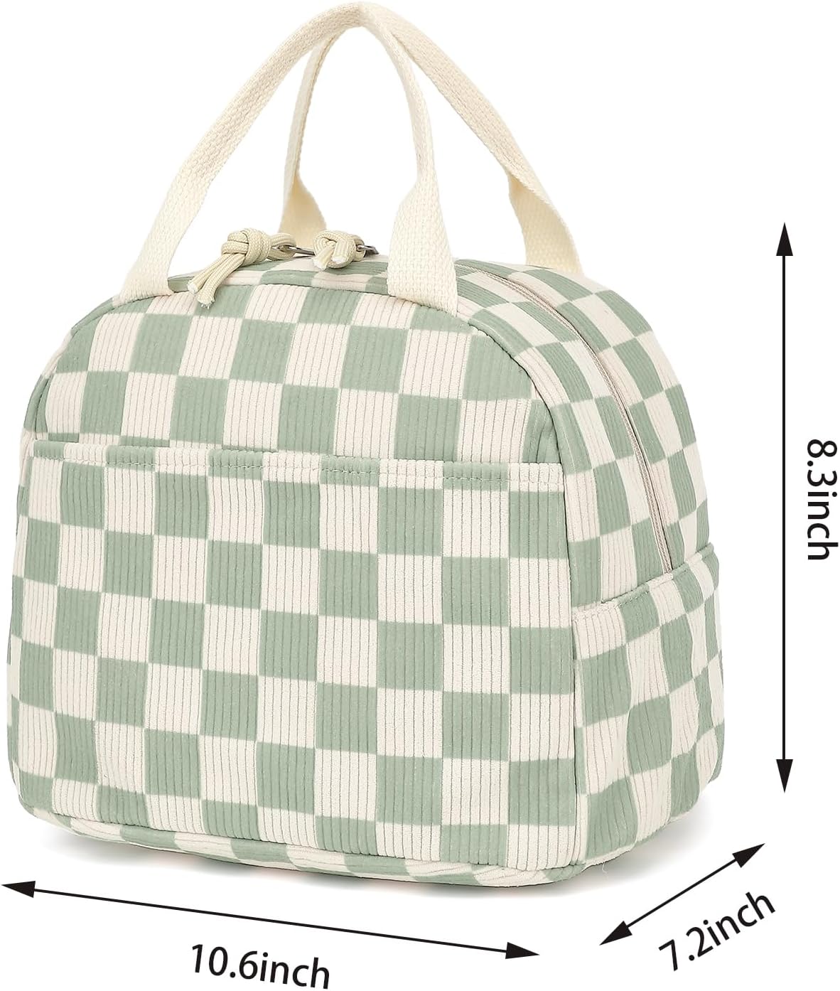 Corduroy Lunch Box for Women Girls, Cooler Lunch Bags Reusable Insulated Lunchbox for Picnic School Work Travel (Checkered Green)