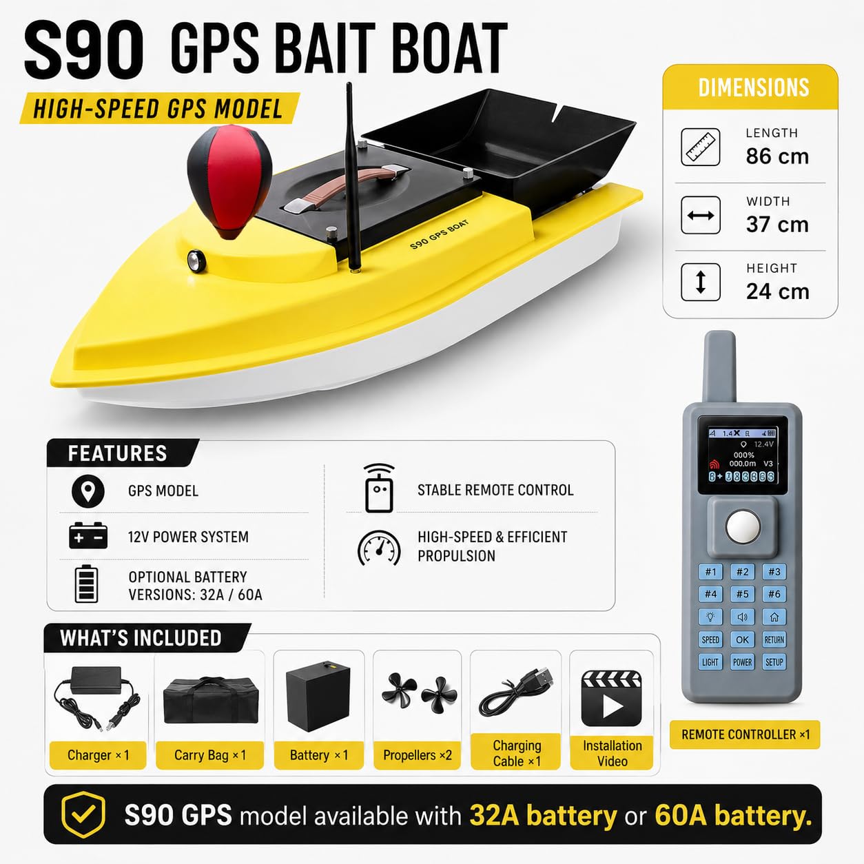 2026 Barco Cebador Carpfishing, GPS, Tolva 5 kg, 4 Palas S9032A | Doble motor sin escobillas de 12 V, retorno automático y 40 puntos para cebado y entrega de aparejos.