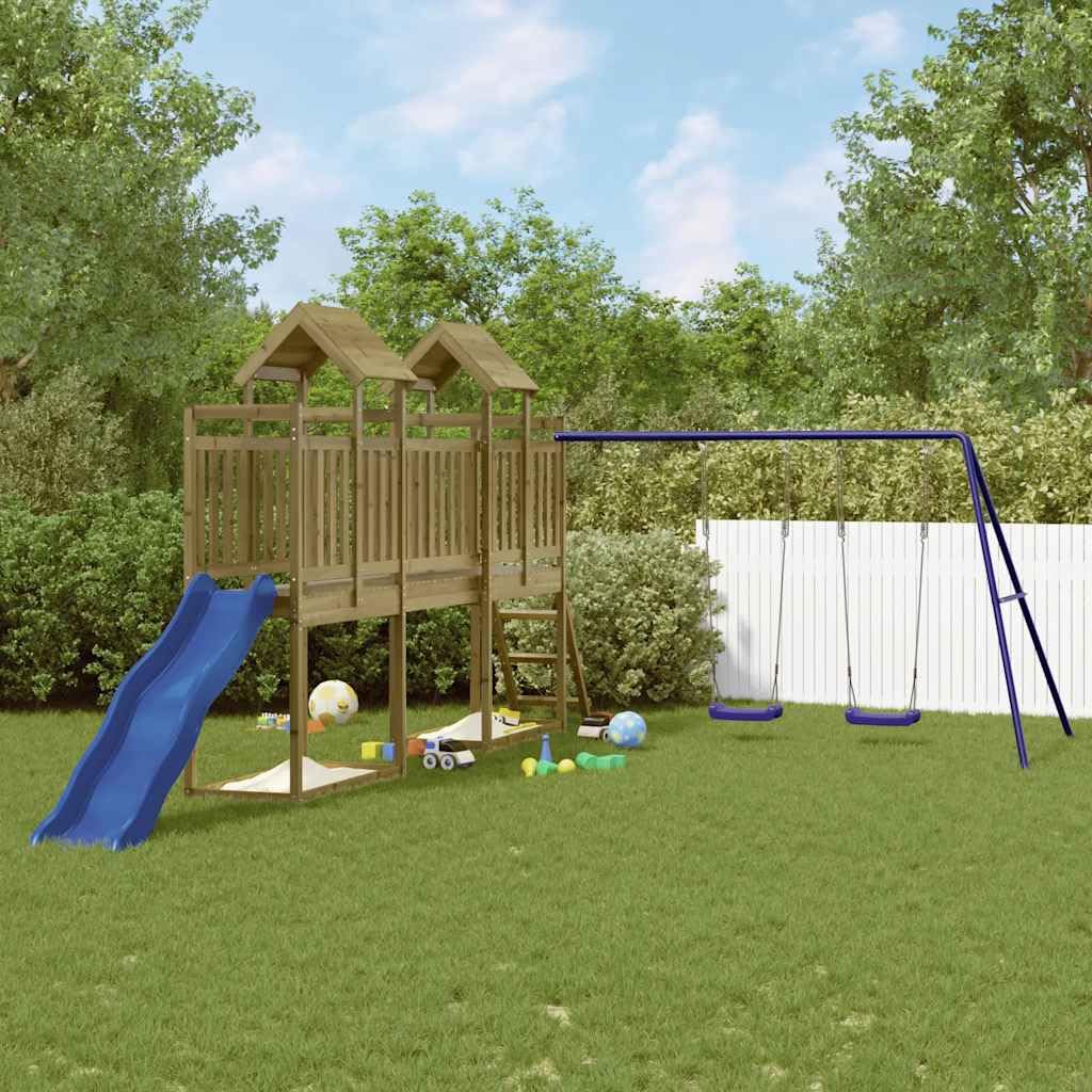 Spielturm aus imprägniertem Kiefernholz mit Rutsche Schaukel und Sandkasten für Kinder Garten Outdoor Spielplatz Kinderhaus Kinderspielgerät mit Klettergerüst Seilring Zubehör