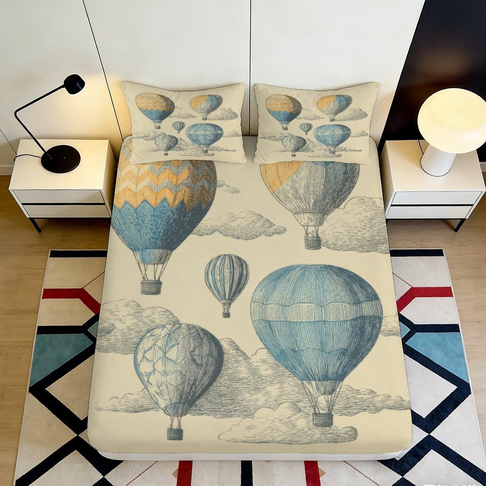 3D Printed Vintage Hot Air Balloon Fitted Sheet Microfiber Soft Breathable Sky Cloud Bed Cover for Bedroom Dorm Decor 90x200x25cm