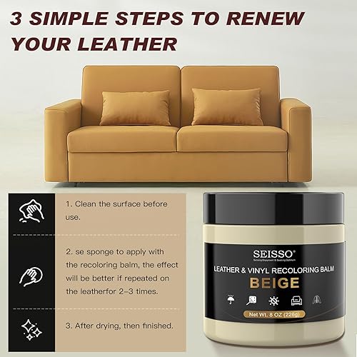Miniatura 6 de SEISSO Kit de reparación de cuero beige para muebles, kit de reparación de vinilo, kit de reparación de cuero con tinte de cuero, bálsamo de