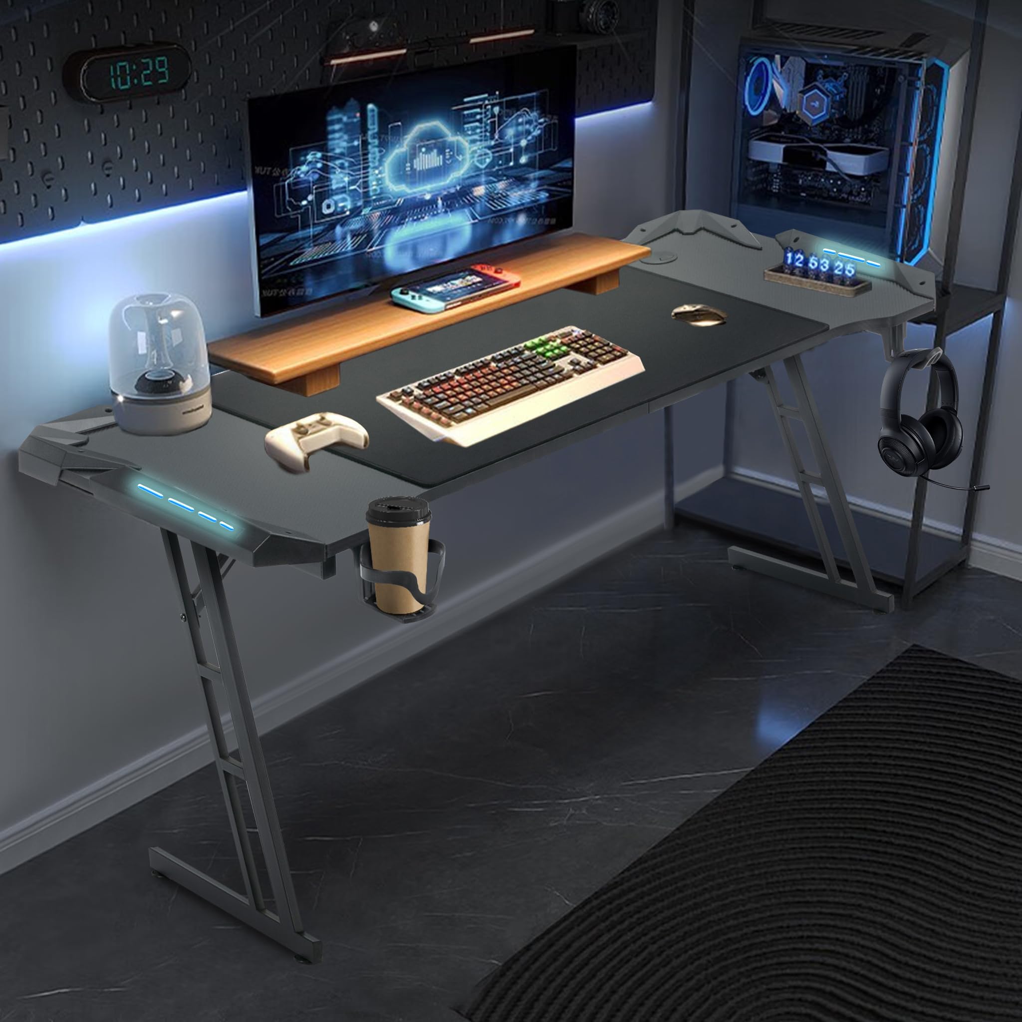 120 x 60cm Gaming Schreibtisch Gaming Schreibtisch mit RGB LED - Kopfhörerhaken und Getränkehalter Schwarz C