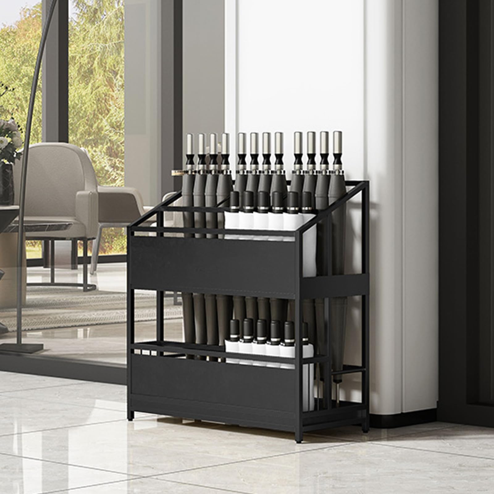 Large-Capacity Metal Umbrella Stand Holder for Hotels, 2-Tier Umbrella Organizer with Removable Drip Tray, Holds 45-60 Umbrellas, Stylish Gold Finish ,Black-68*32*70cm/26.8*12.6*27.6in