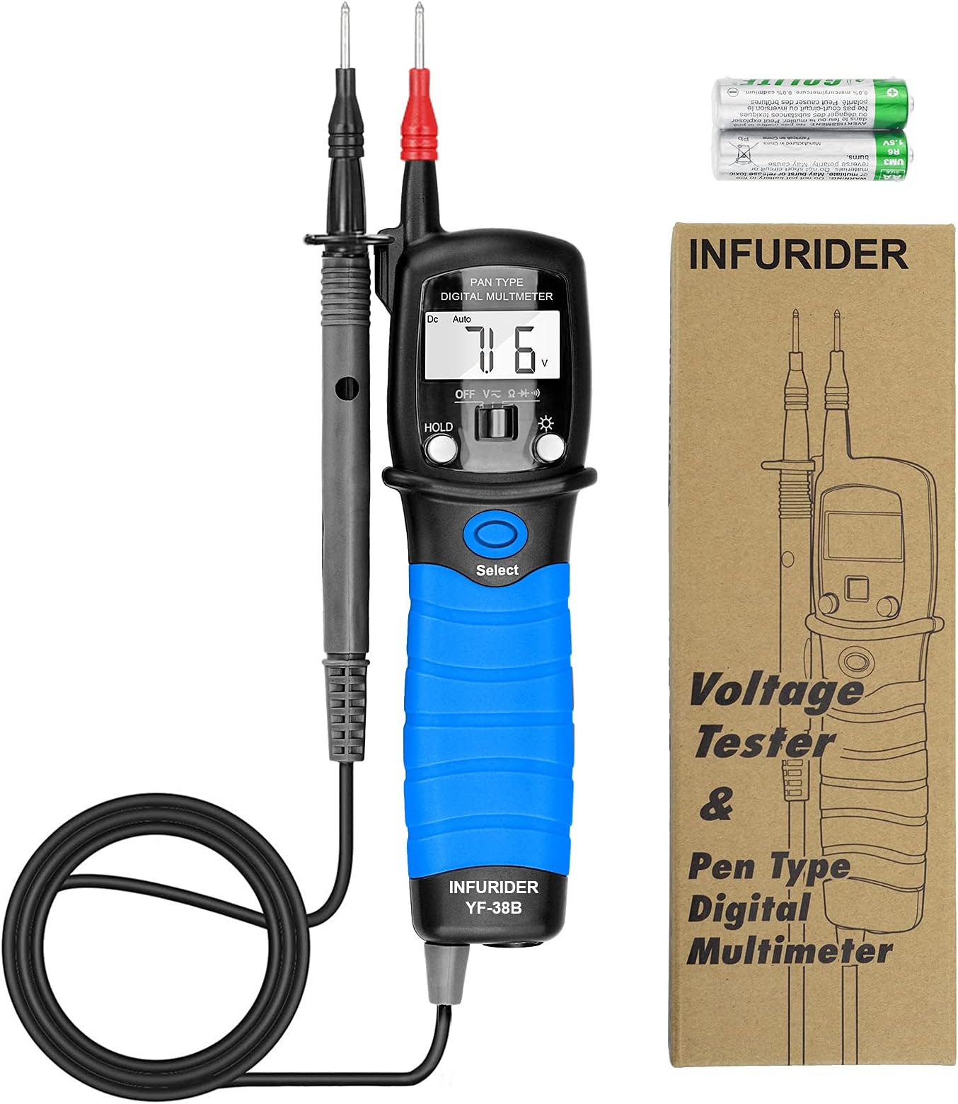 Digital Pen Type Multimeter, INFURIDER YF-38B Handheld Auto-ranging Voltmeter, Ohmmeter for DC AC Voltage, Resistance, Ohm Volt Test Meter with Diode Continuity Tester Blue