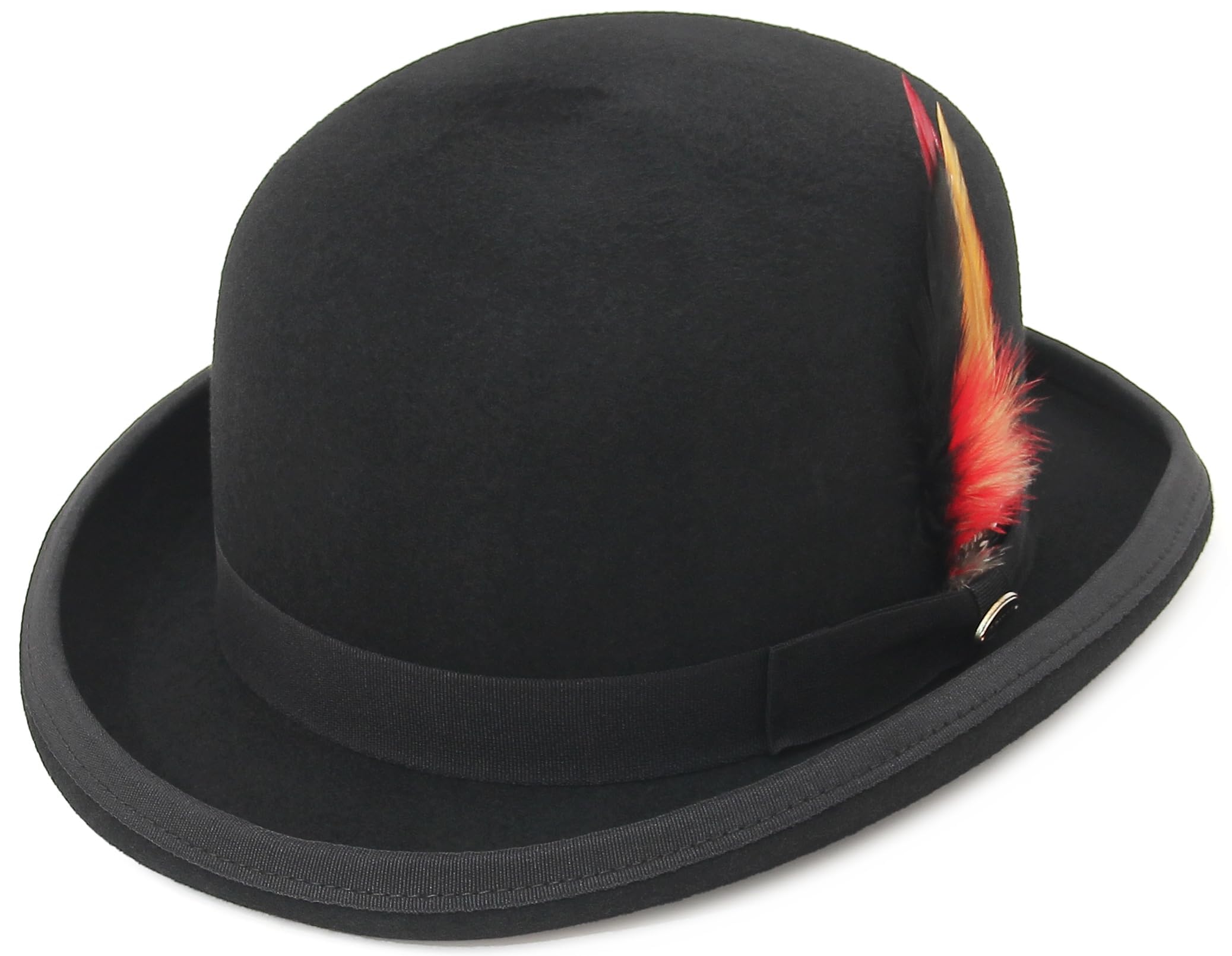 Men's Bowler Derby Hat Wool with Feather Black Derby Hat Satin Lined