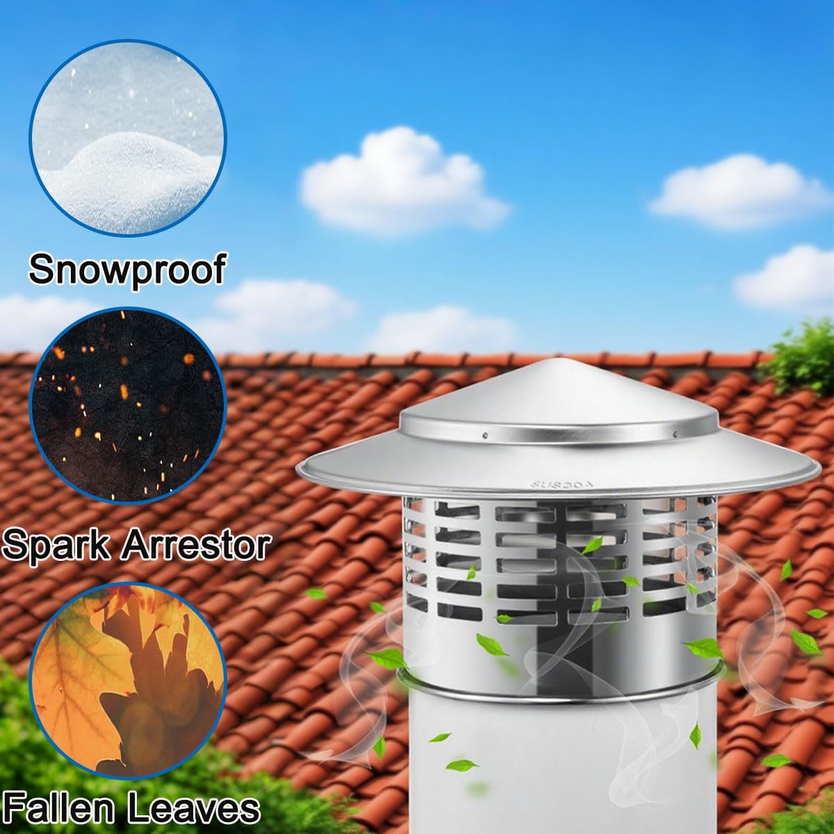 Tapa de chimenea de acero inoxidable 304 con malla, cubierta de ventilación, tapa de lluvia con parte superior cónica para tubo de estufa, tapa de chimenea resistente a la intemperie, protección