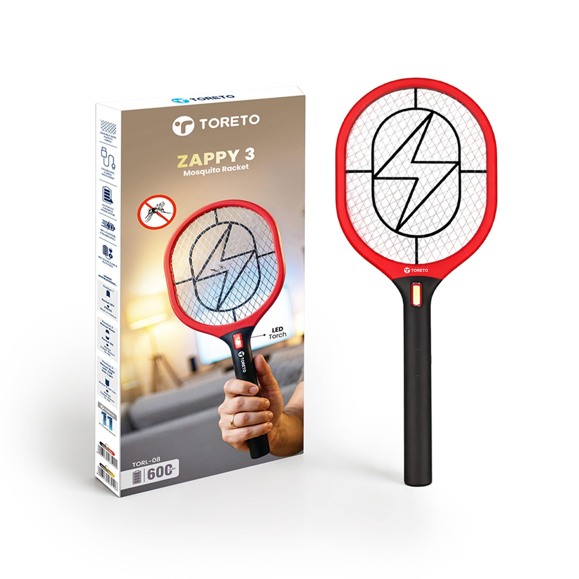 Toreto Zappy 3 Rechargeable Mosquito Killer Bat, LED Torch, Type-C Fast Charging, Double Layer Safety Grill, Made in India | Electric Fly Swatter, Mosquito Killer Racquet (Black+Red)-picture-13