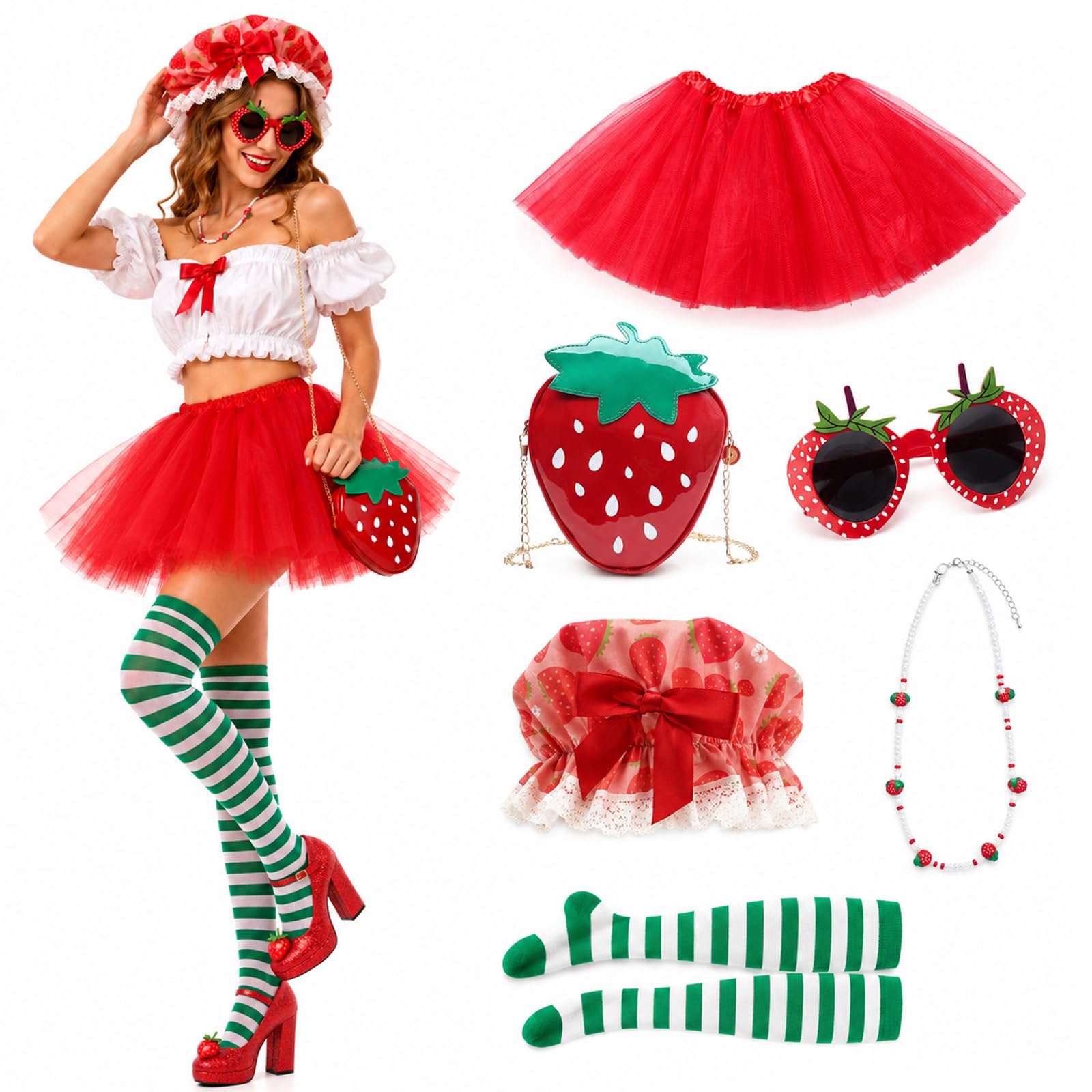 Maazusa Adult Fruit Costume Strawberry Fancy Dress Outfits 6Pcs with TuTu Dress Strawberry Sunglasses Handbag Striped Socks Lace Hat Fruit Women Outfits for Hawaiian Halloween Party