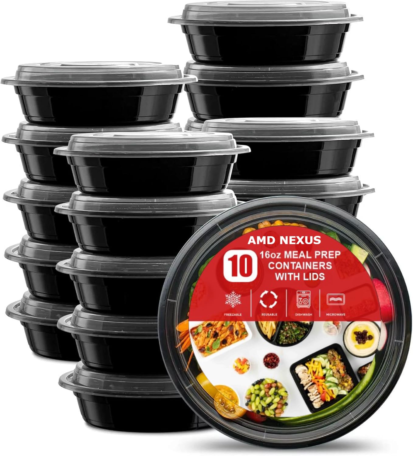 AMD Nexus(20 Pack, 16oz) Round Plastic Meal Prep Containers- Reusable BPA Free Food Containers with Airtight Lids - Microwavable, Freezer and Dishwasher Safe