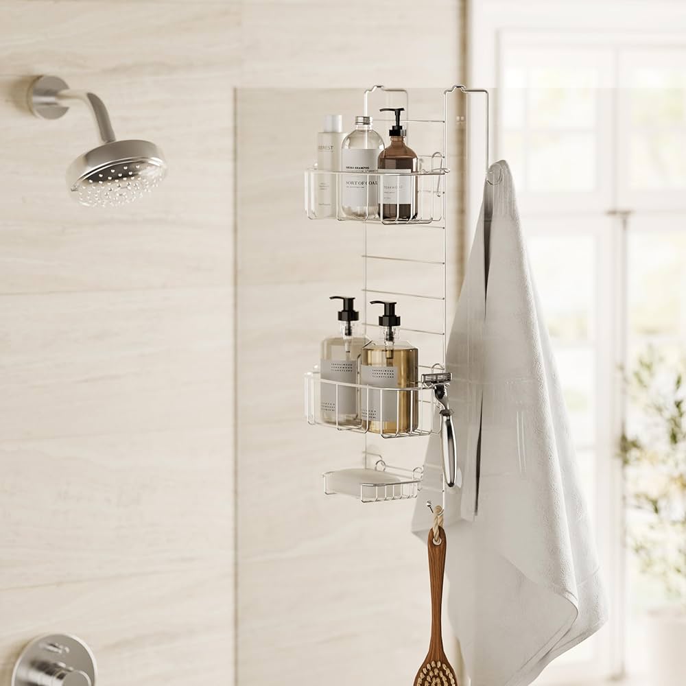 Oumilen Over The Door Shower Caddy, 5-Tier Adjustable Hanging Shower Organizer Rustproof Metal Silver Pshk130