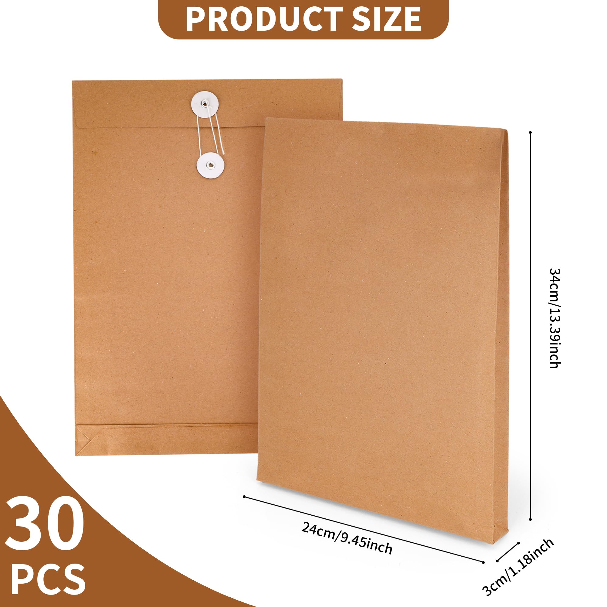 WeeGoo 30 Pcs A4 Kraft Paper String Envelopes, 34243 cm Brown Large Expandable Gussetted Envelopes with String Closure, Catalog Document Envelope for Business Office Home - Image 2