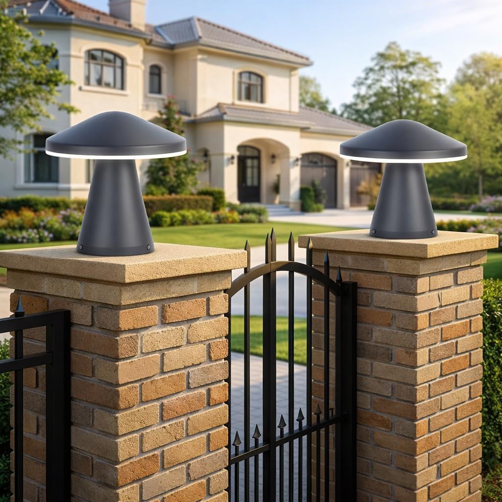 Modern LED Gate Light for Outdoor | Waterproof Mushroom Design Pillar Lamp for Garden, Entrance & Pathway – Grey Finish (Pack of 2)