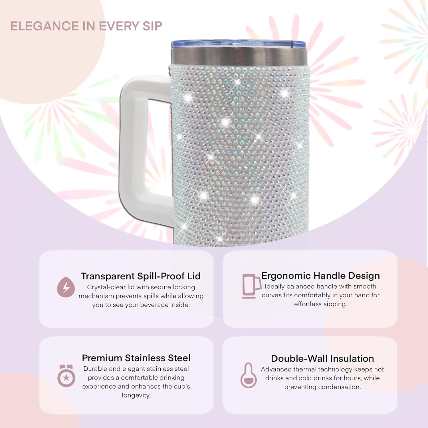 20oz Bling Tumbler With Handle Stainless Steel Rhinestone Insulated Cup with Lid and Straw Double Wall Vacuum Coffee Cup Reusable Glitter Travel Coffee Mug for Cold and Hot (Milky White) - Image 4